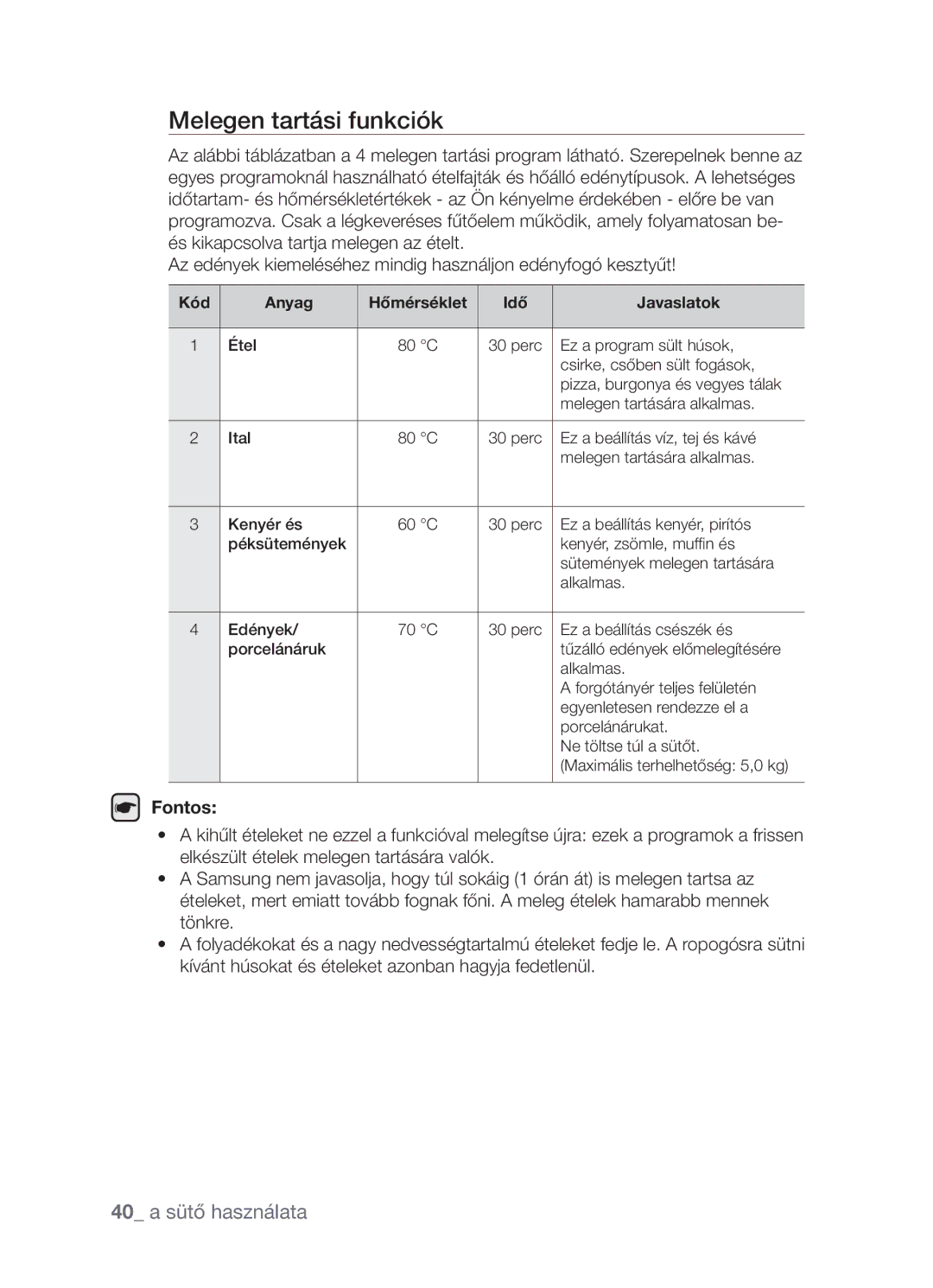 Samsung CP1395EST/XET, CP1395EST/XEO Melegen tartási funkciók, 40 a sütő használata, Kód Anyag Hőmérséklet Idő Javaslatok 