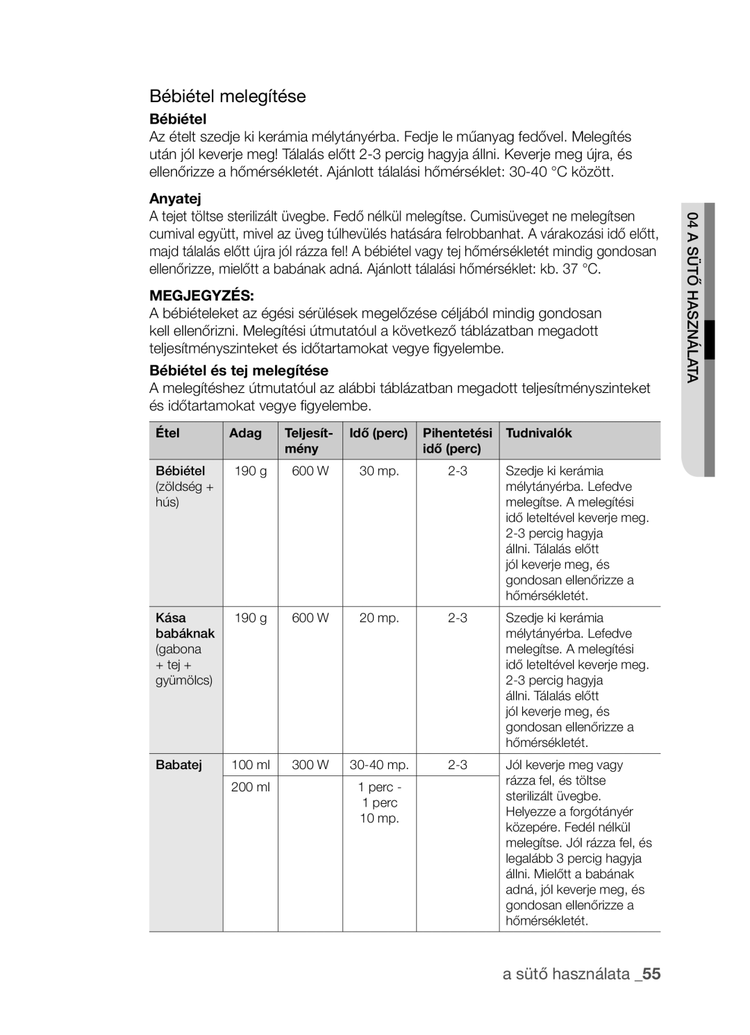 Samsung CP1395EST/XEO, CP1395EST/XET manual Bébiétel melegítése, Anyatej, Bébiétel és tej melegítése 