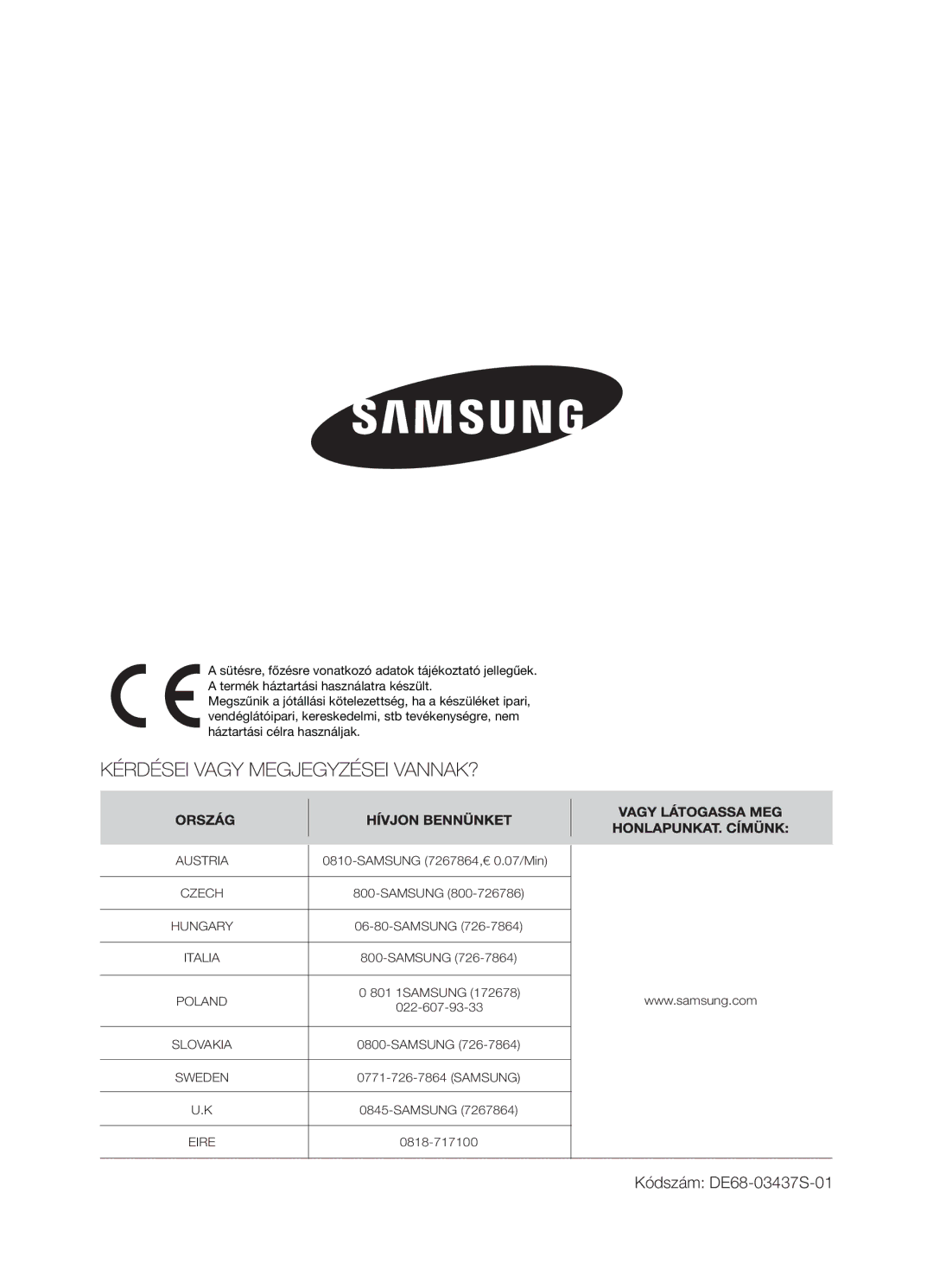 Samsung CP1395EST/XET, CP1395EST/XEO manual Kódszám DE68-03437S-01 