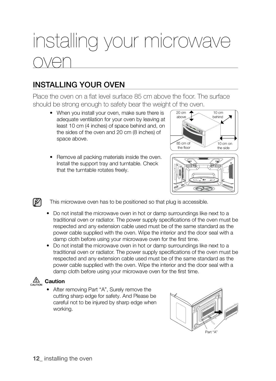 Samsung CP1395EST/XET, CP1395EST/XEO manual Installing your microwave oven, Installing your oven 