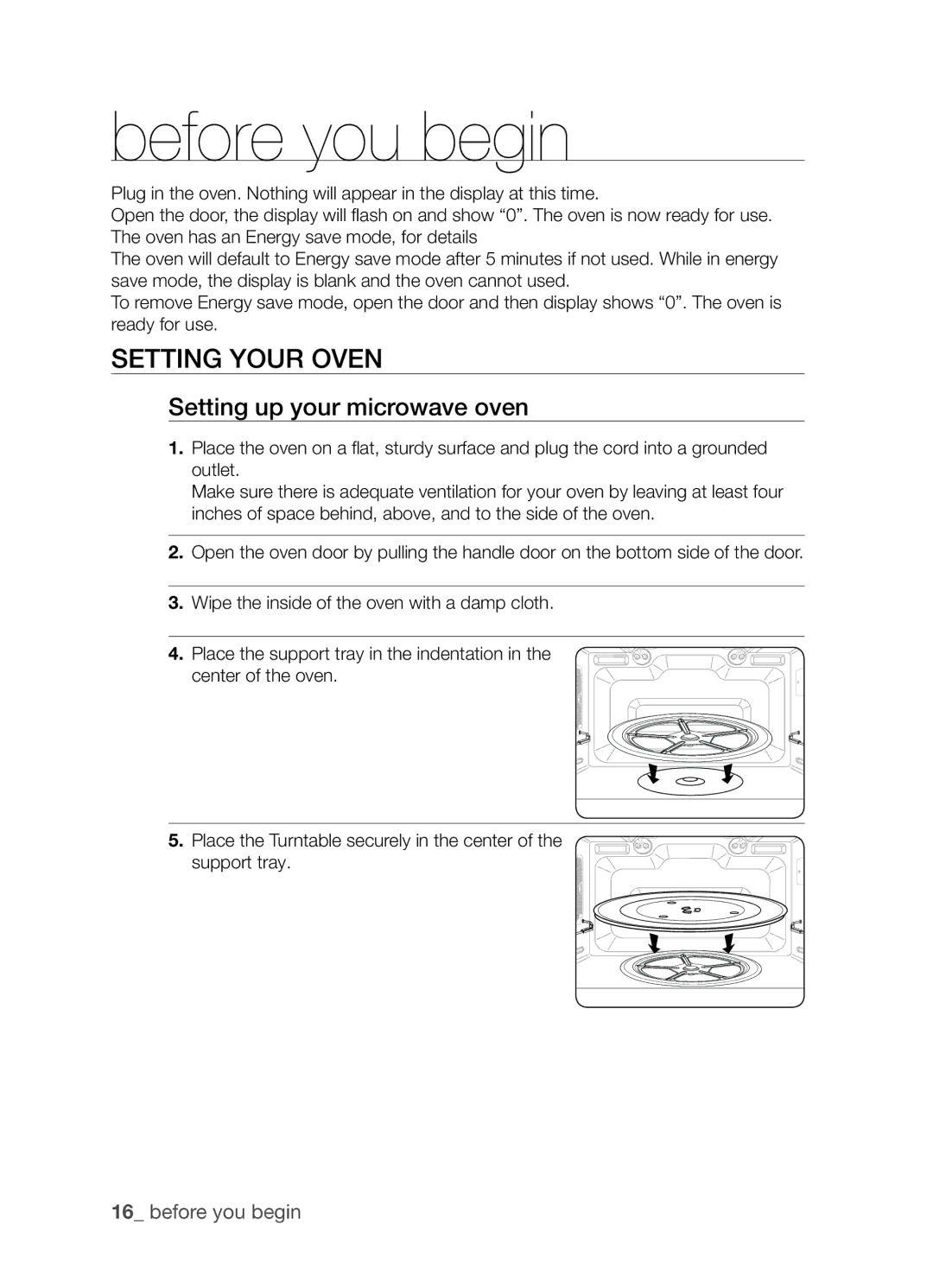 Samsung CP1395EST/XET, CP1395EST/XEO manual Before you begin, Setting your oven, Setting up your microwave oven 