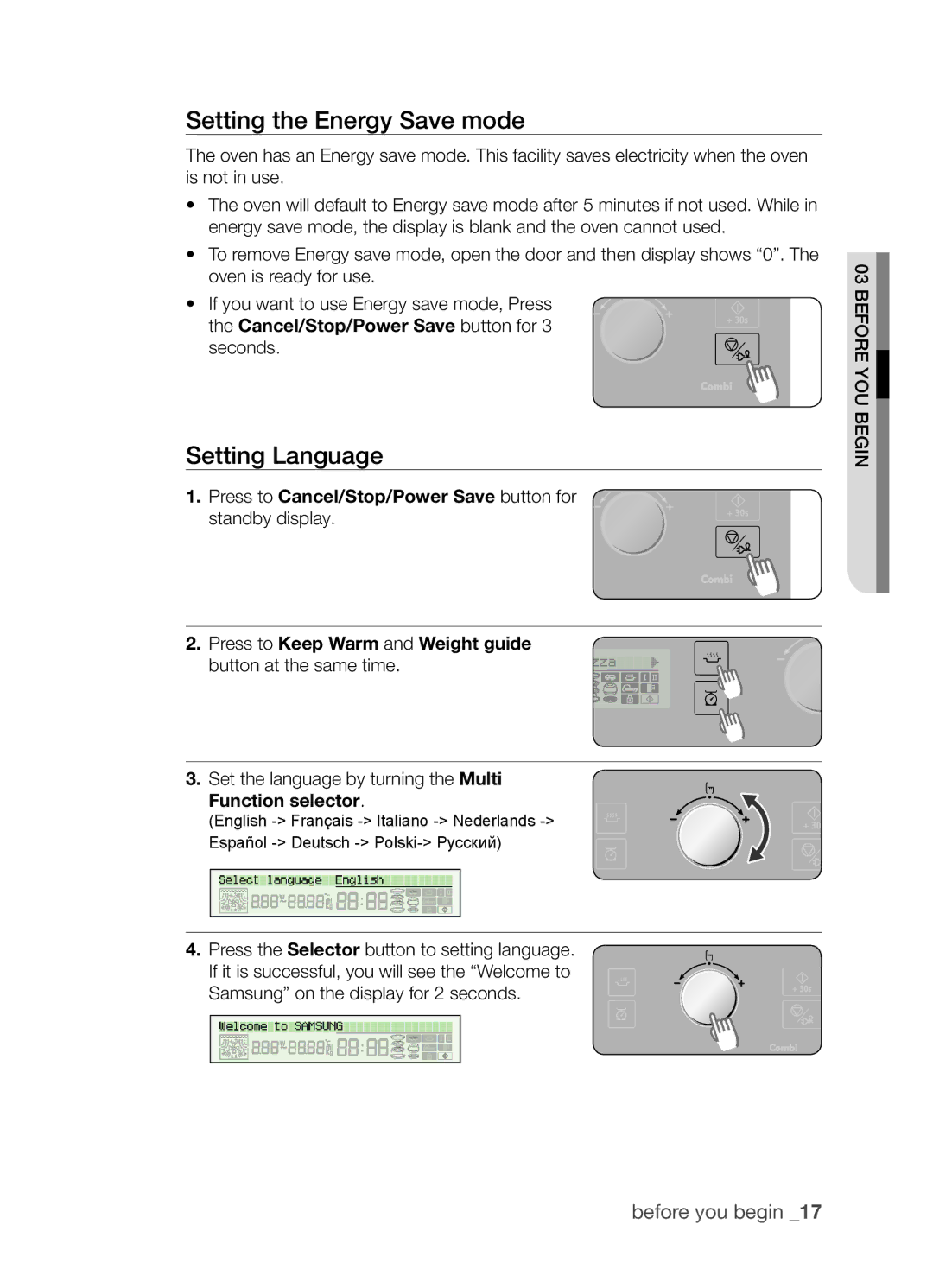 Samsung CP1395EST/XEO, CP1395EST/XET manual Setting the Energy Save mode, Setting Language 