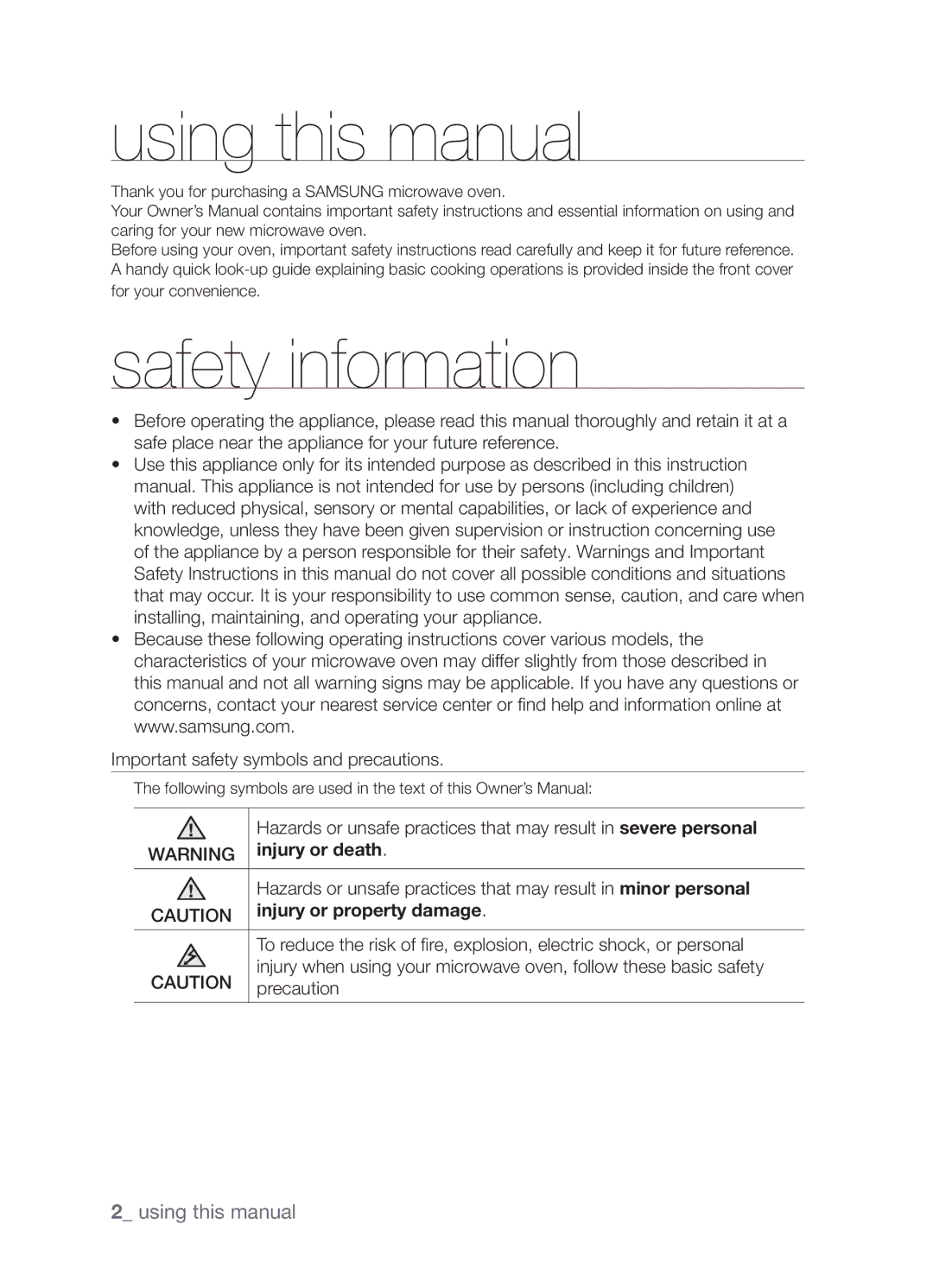 Samsung CP1395EST/XET, CP1395EST/XEO Using this manual, Safety information, Injury or death, Injury or property damage 