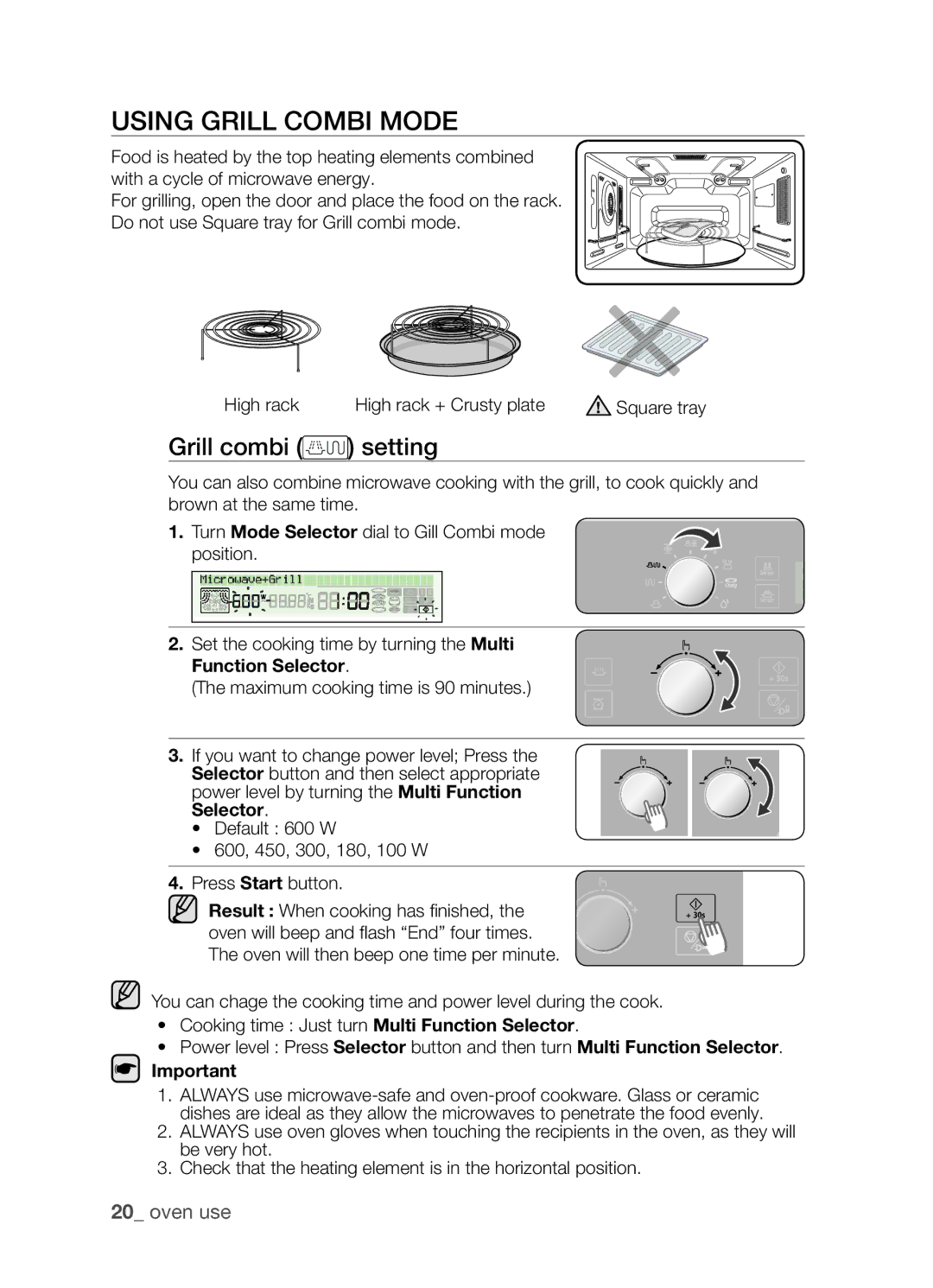 Samsung CP1395EST/XET, CP1395EST/XEO manual Using grill combi mode, Grill combi setting, Function Selector 