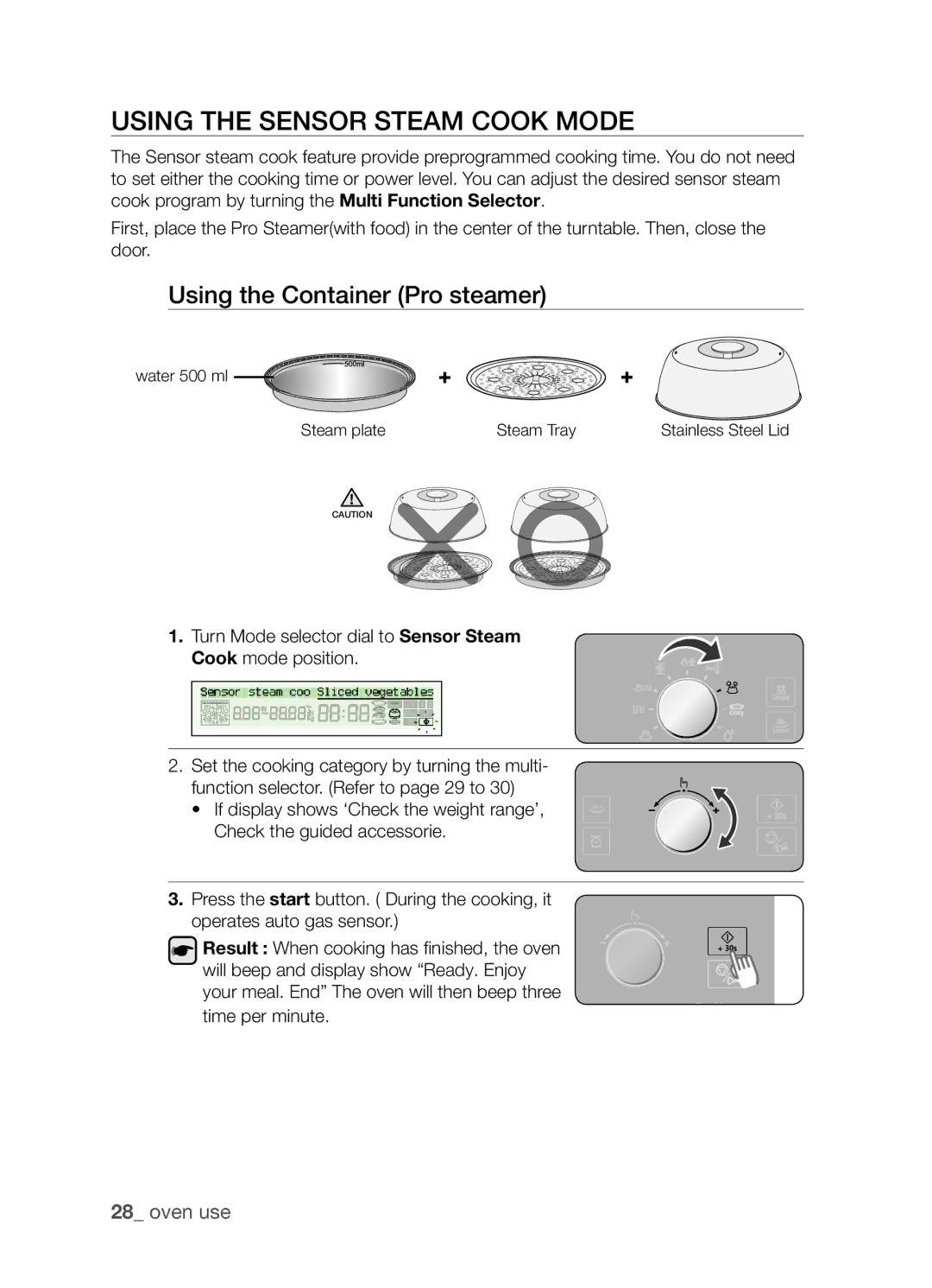 Samsung CP1395EST/XET, CP1395EST/XEO manual Using the sensor steam cook mode, Using the Container Pro steamer 