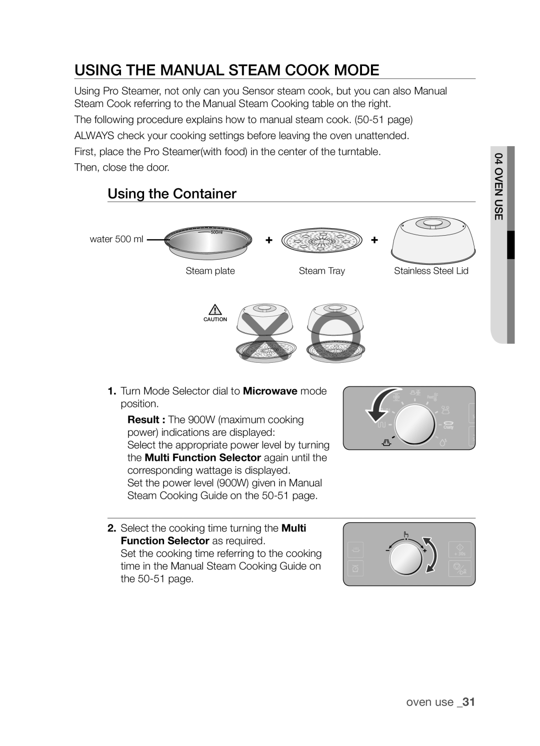 Samsung CP1395EST/XEO, CP1395EST/XET Using the manual steam cook mode, Using the Container 