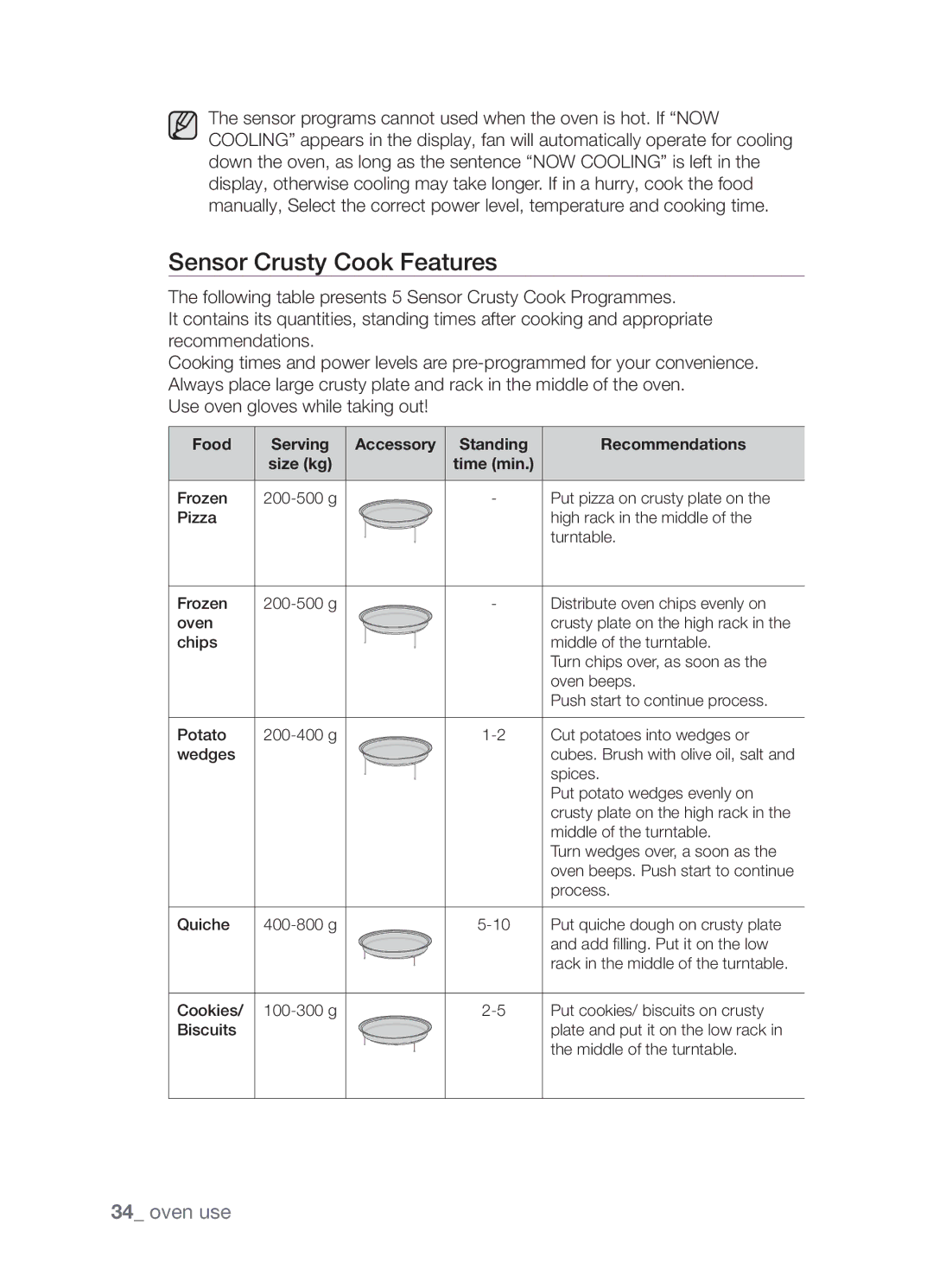 Samsung CP1395EST/XET, CP1395EST/XEO manual Sensor Crusty Cook Features, Accessory Standing Recommendations, Time min 