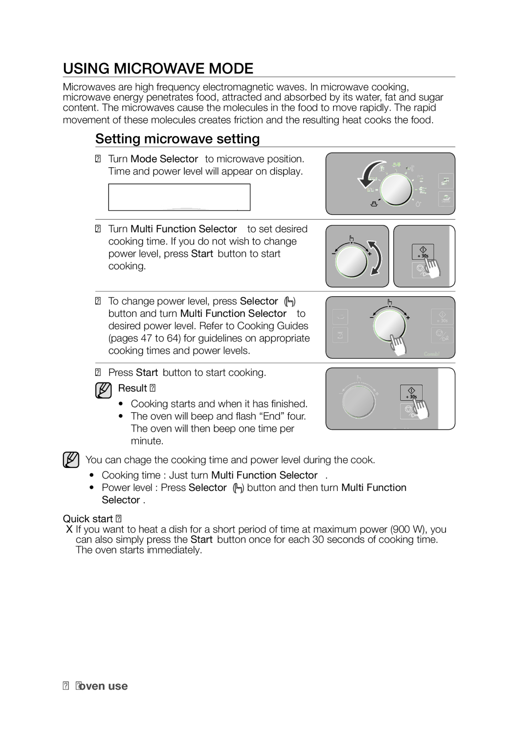 Samsung CP1395EST/XET Using microwave mode, Setting microwave setting, Turn Multi Function Selector to set desired, Result 