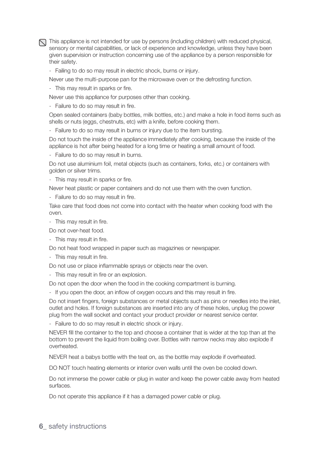 Samsung CP1395EST/XET, CP1395EST/XEO manual This may result in fire. Do not over-heat food 