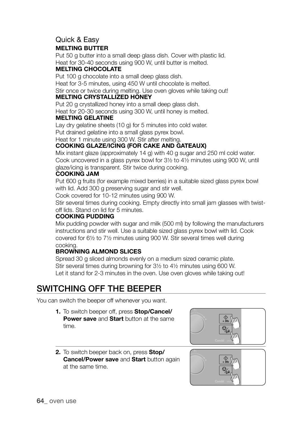 Samsung CP1395EST/XET, CP1395EST/XEO manual Switching off the beeper, Quick & Easy, MELTlNG Crystallized Honey 