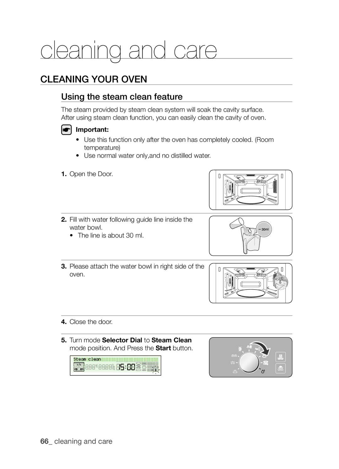 Samsung CP1395EST/XET, CP1395EST/XEO manual Cleaning and care, Cleaning your oven, Using the steam clean feature 