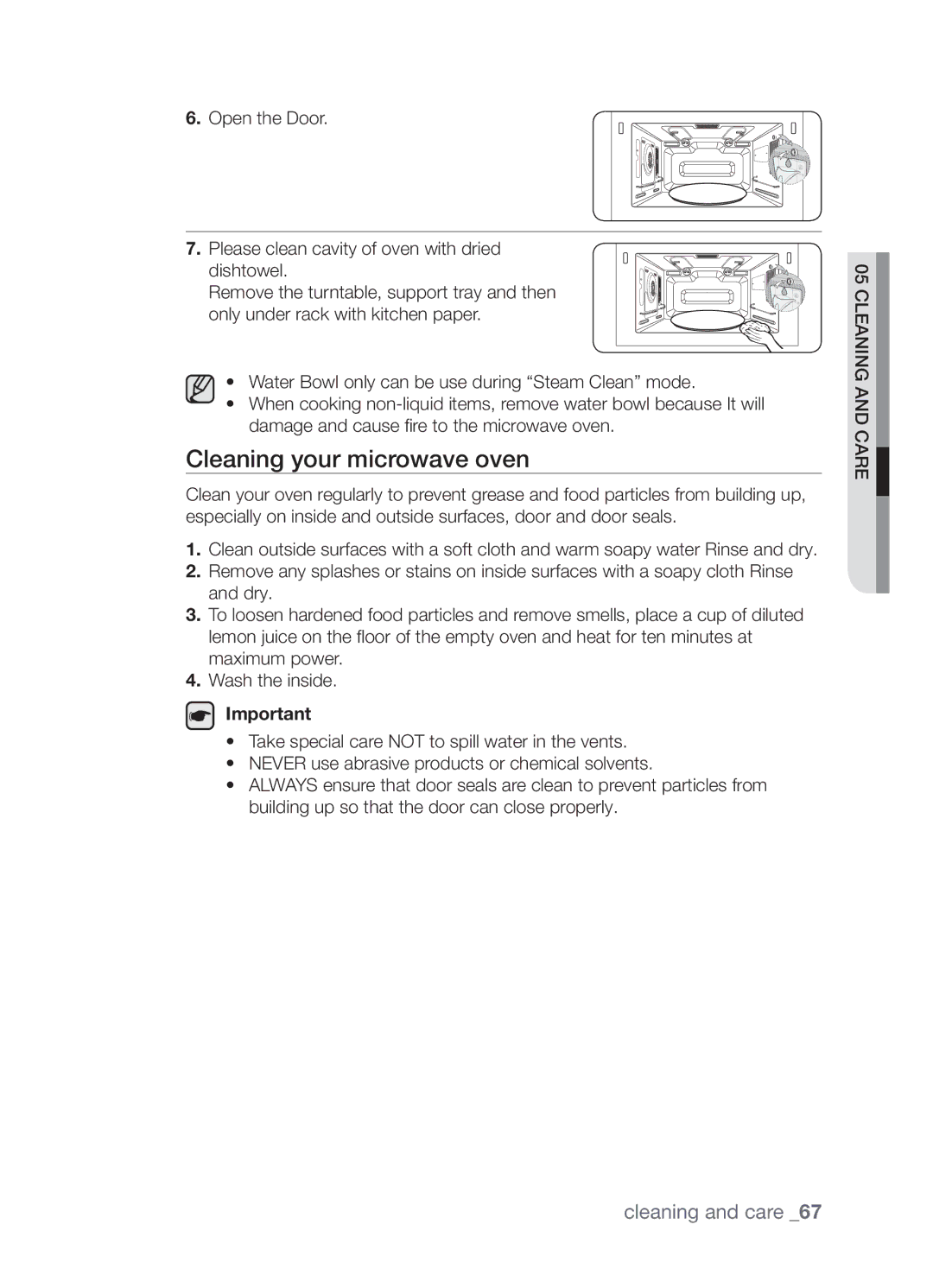 Samsung CP1395EST/XEO, CP1395EST/XET manual Cleaning your microwave oven 