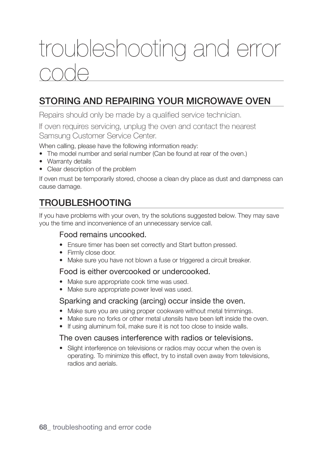 Samsung CP1395EST/XET, CP1395EST/XEO manual Troubleshooting and error code, Storing and repairing your microwave oven 