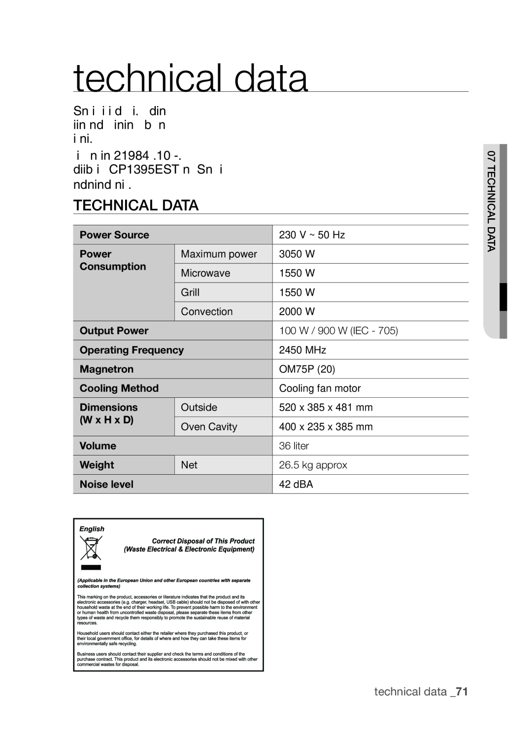 Samsung CP1395EST/XEO, CP1395EST/XET manual Technical data, Undermentioned technological parameters 