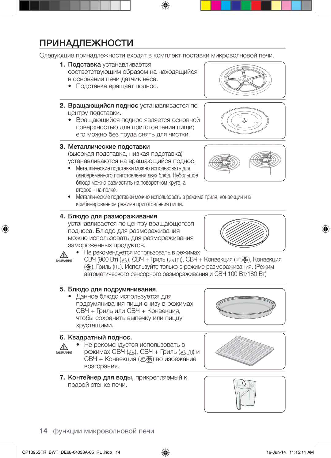 Samsung CP1395STR/BWT manual Принадлежности, 14 функции микроволновой печи, Не рекомендуется использовать в режимах 