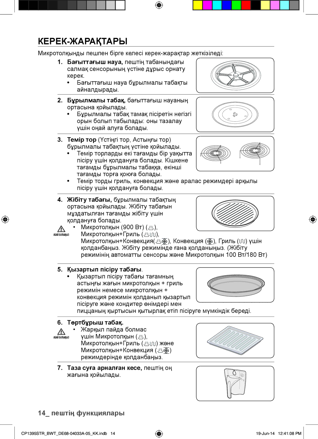 Samsung CP1395STR/BWT manual Керек-Жарақтары, Қызартып пісіру табағы, Төртбұрыш табақ, Таза суға арналған кесе, пештің оң 