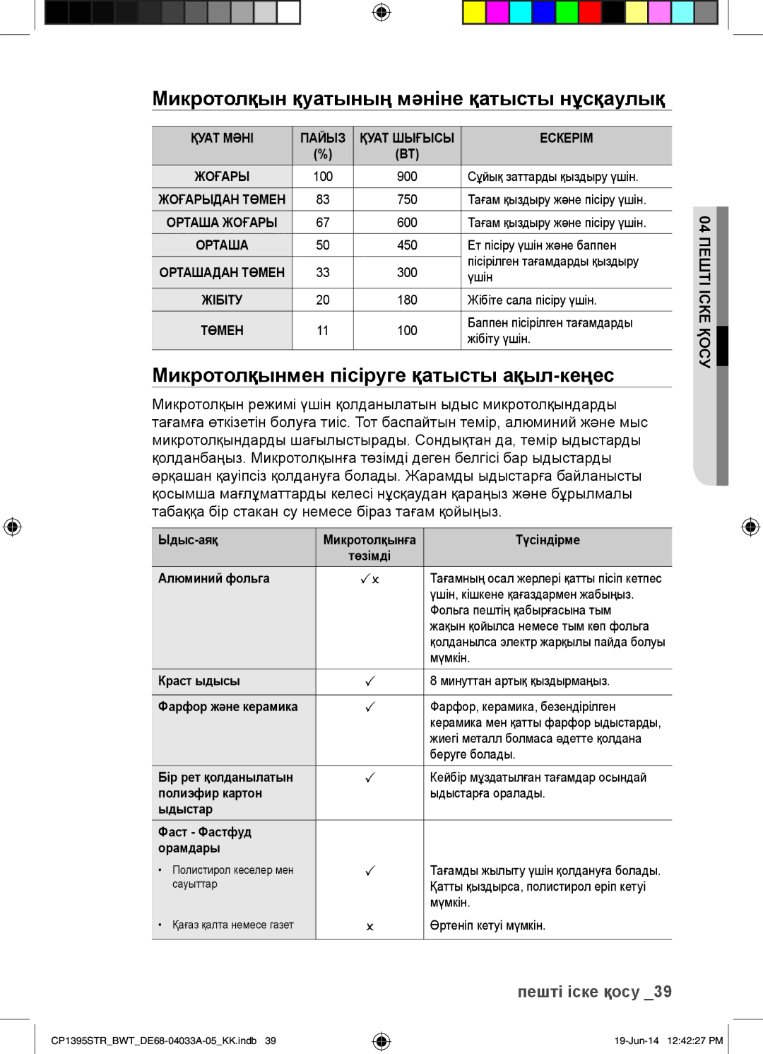 Samsung CP1395STR/BWT manual Микротолқын қуатының мәніне қатысты нұсқаулық, Микротолқынмен пісіруге қатысты ақыл-кеңес 