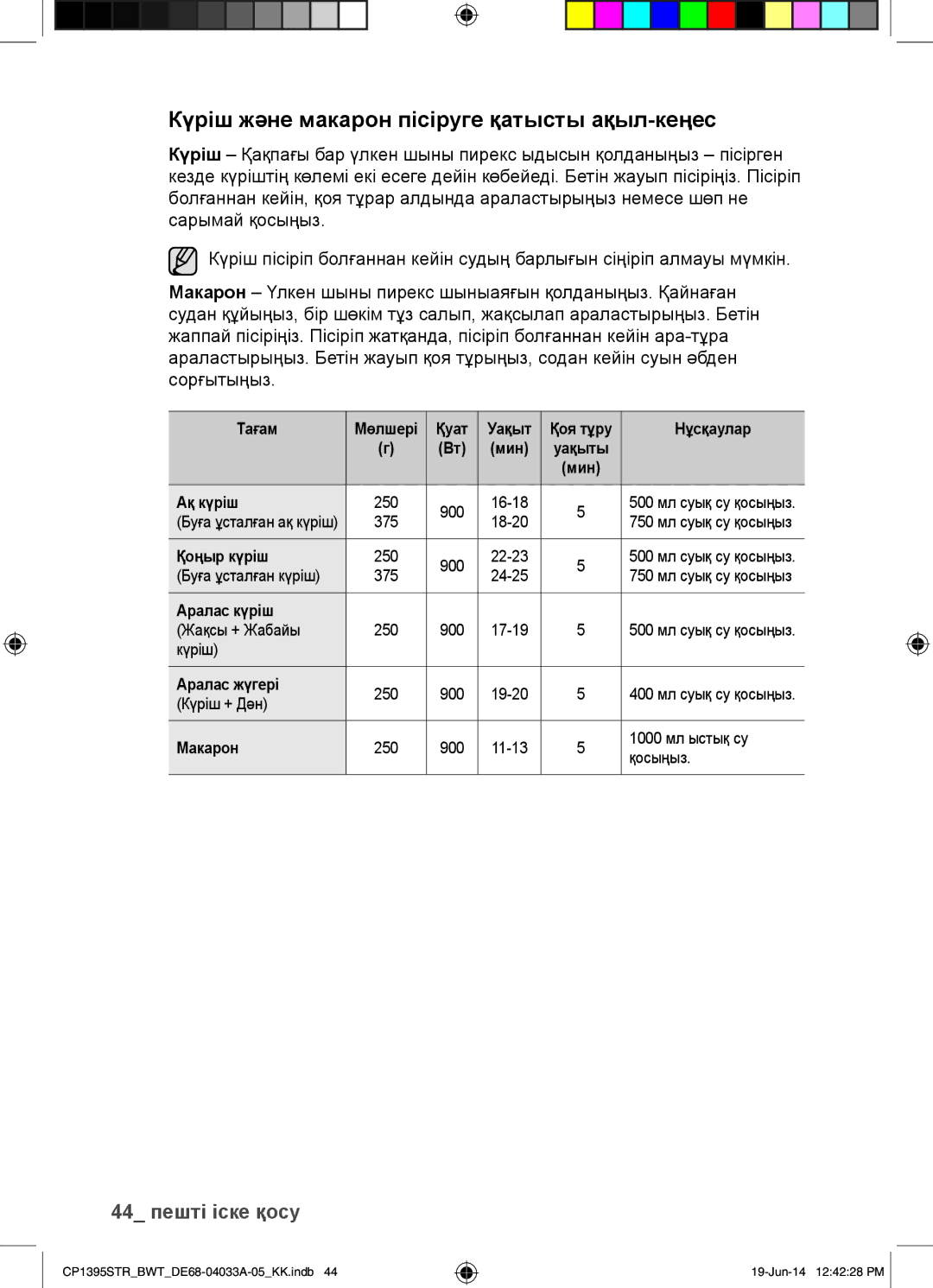 Samsung CP1395STR/BWT manual Күріш және макарон пісіруге қатысты ақыл-кеңес 