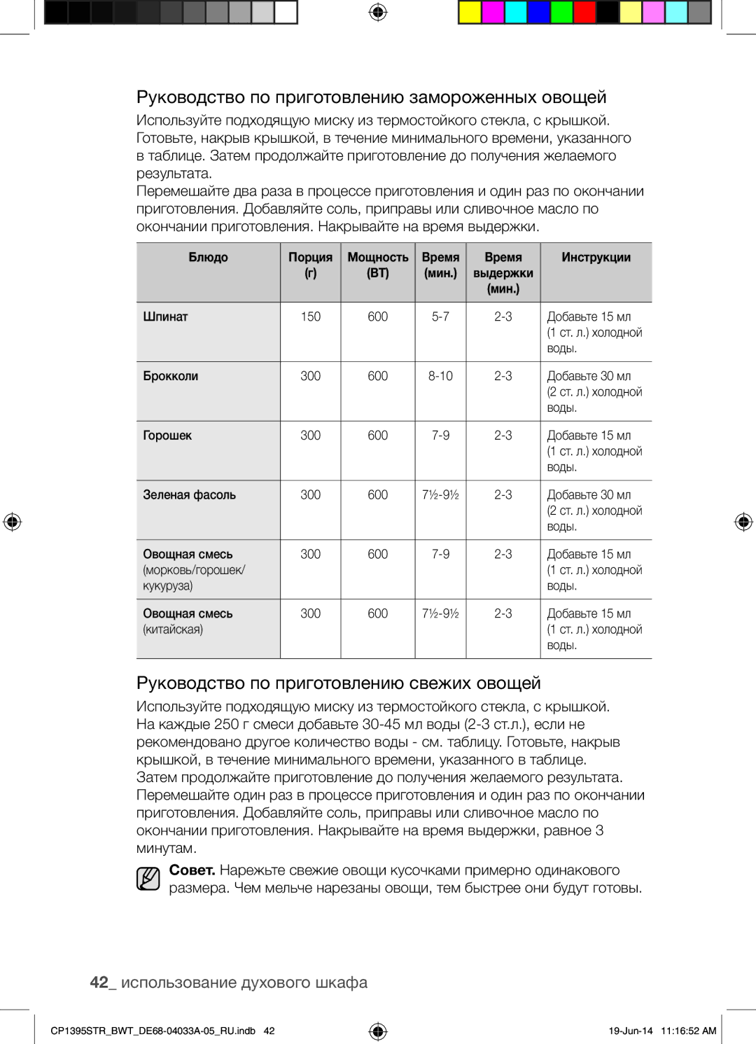 Samsung CP1395STR/BWT manual Руководство по приготовлению замороженных овощей, Руководство по приготовлению свежих овощей 