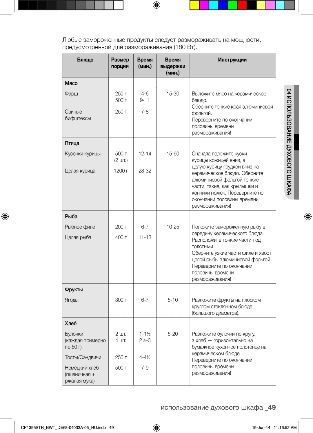 Samsung CP1395STR/BWT manual Блюдо Размер Время Инструкции Порции 