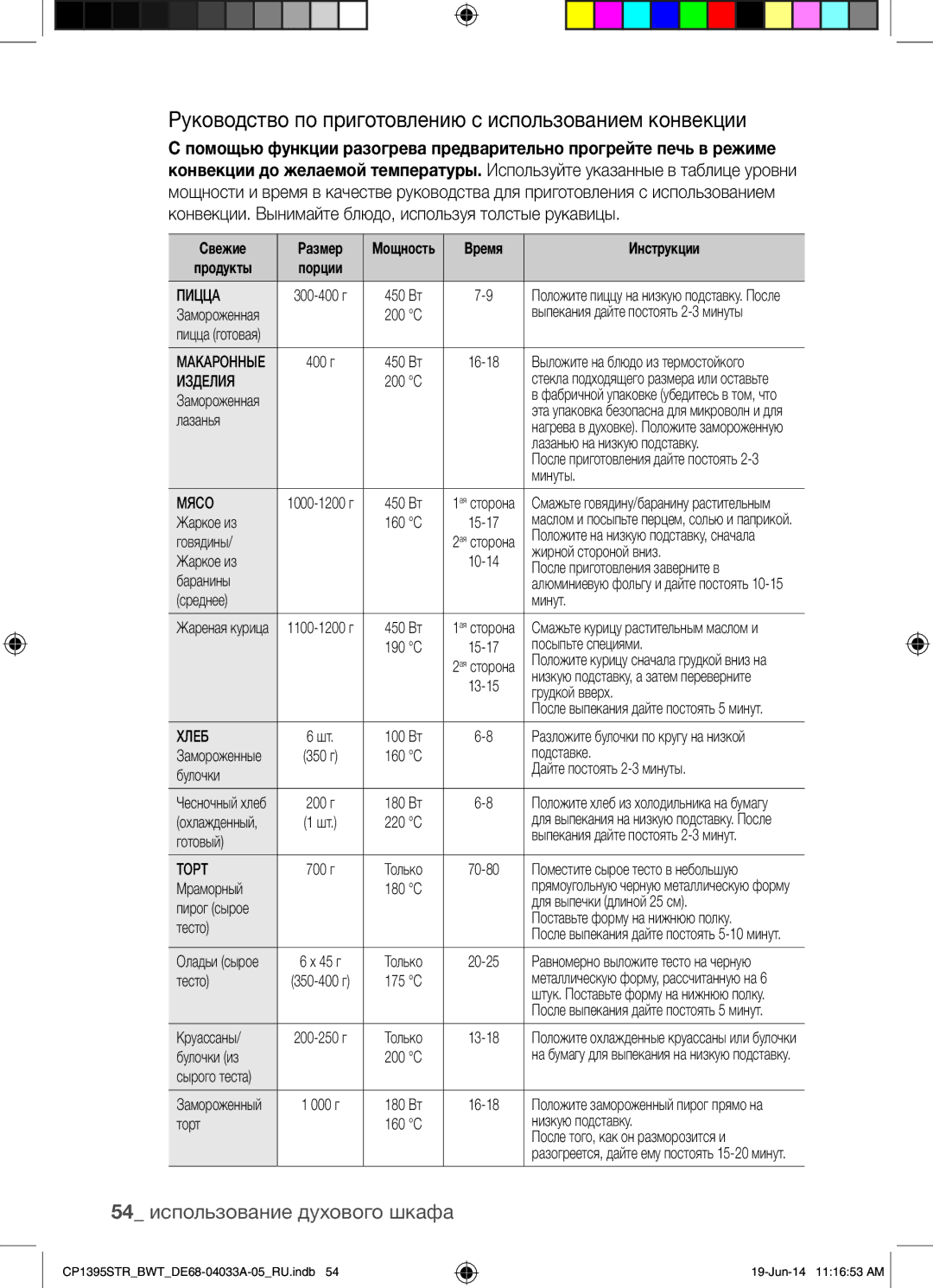 Samsung CP1395STR/BWT manual Руководство по приготовлению с использованием конвекции, 54 использование духового шкафа 