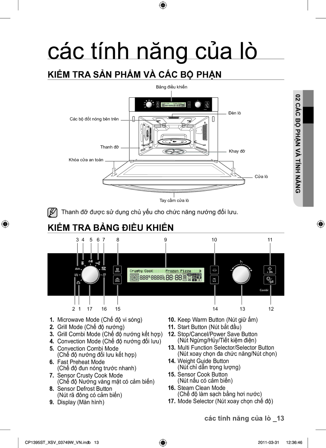 Samsung CP1395ST/XSV manual Các tính năng của lò, Kiểm TRA SẢN Phẩm VÀ CÁC BỘ Phận, Kiểm TRA Bảng Điều Khiển 