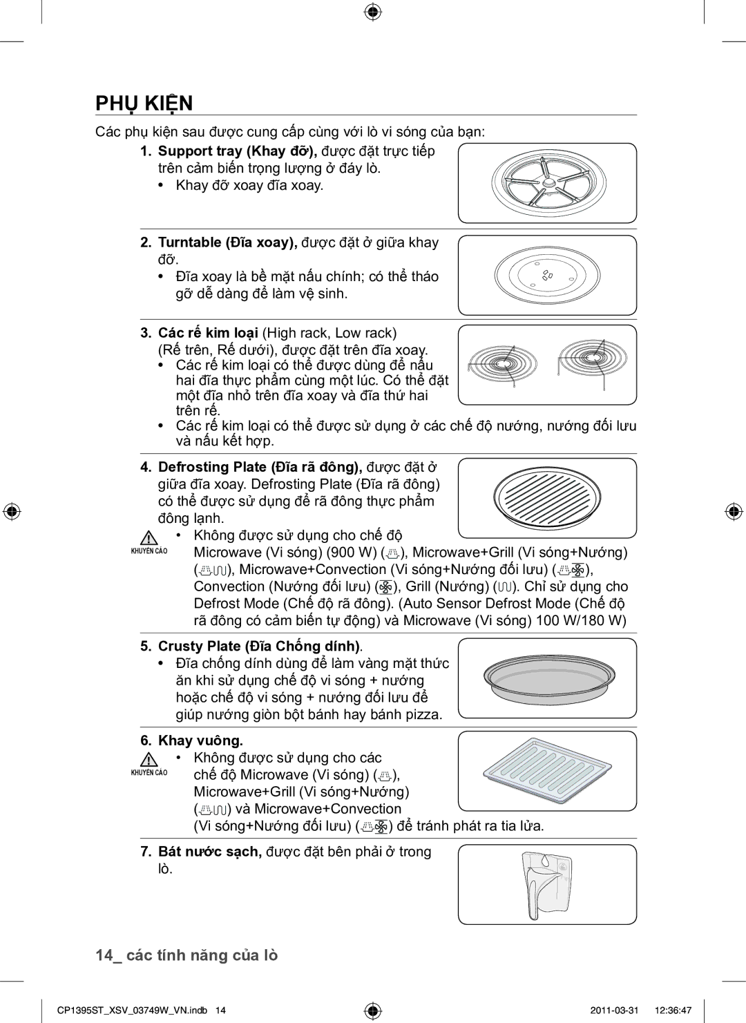 Samsung CP1395ST/XSV manual PHỤ Kiện, 14 các tính năng của lò 