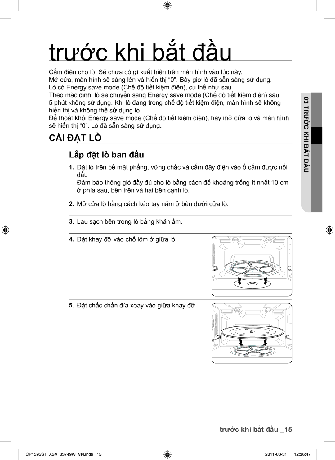 Samsung CP1395ST/XSV manual Trước khi bắt đầu, Cài Đặt Lò, Lắp đặt lò ban đầu 