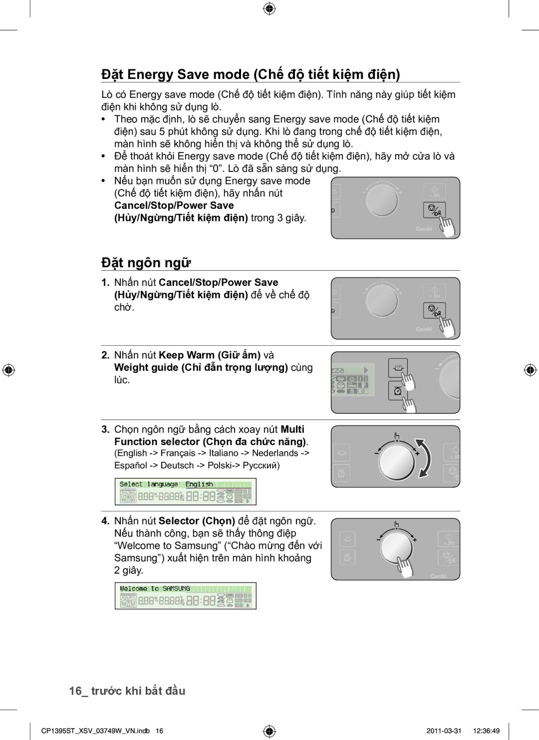 Samsung CP1395ST/XSV manual Đặt Energy Save mode Chế độ tiết kiệm điện, Đặt ngôn ngữ, 16 trước khi bắt đầu 