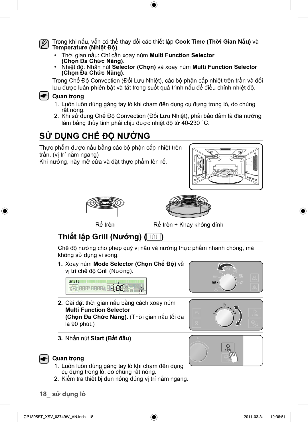 Samsung CP1395ST/XSV manual SỬ Dụng CHẾ ĐỘ Nướng, Thiết lập Grill Nướng, 18 sử dụng lò, Quan trọng 