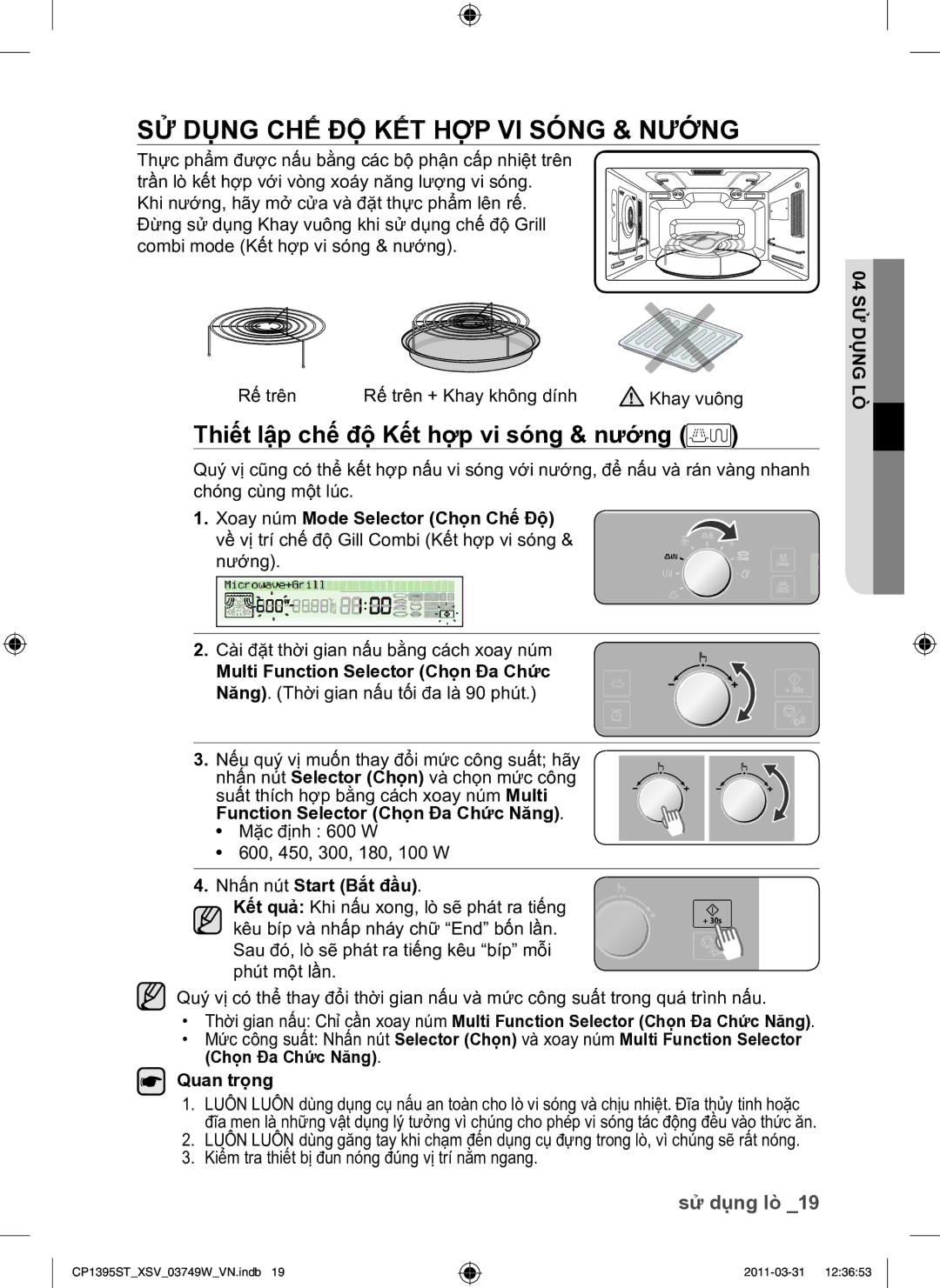 Samsung CP1395ST/XSV manual SỬ Dụng CHẾ ĐỘ KẾT HỢP VI Sóng & Nướng, Thiết lập chế độ Kết hợp vi sóng & nướng 