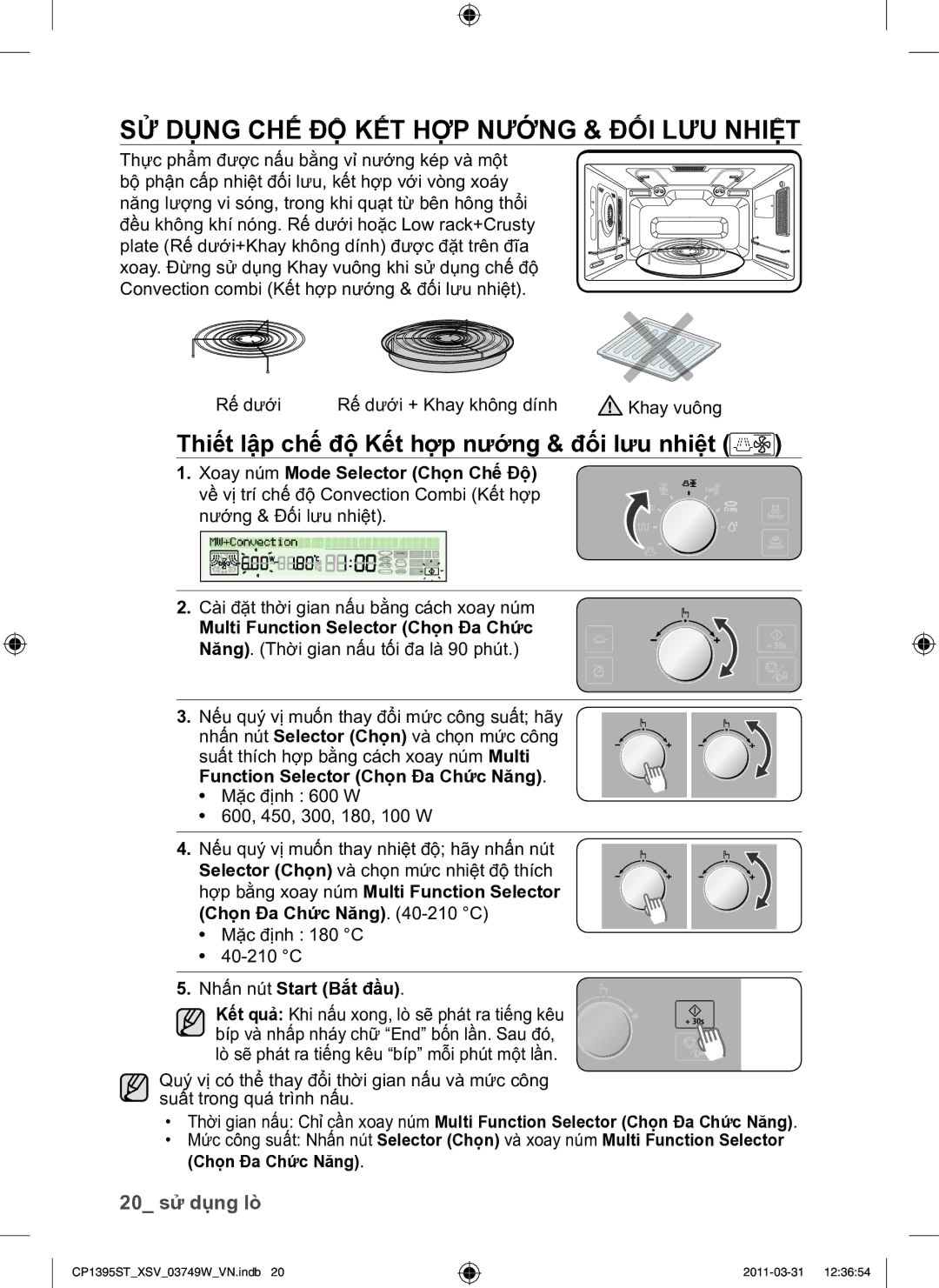 Samsung CP1395ST/XSV manual SỬ Dụng CHẾ ĐỘ KẾT HỢP Nướng & ĐỐI LƯU Nhiệt, Thiết lập chế độ Kết hợp nướng & đối lưu nhiệt 