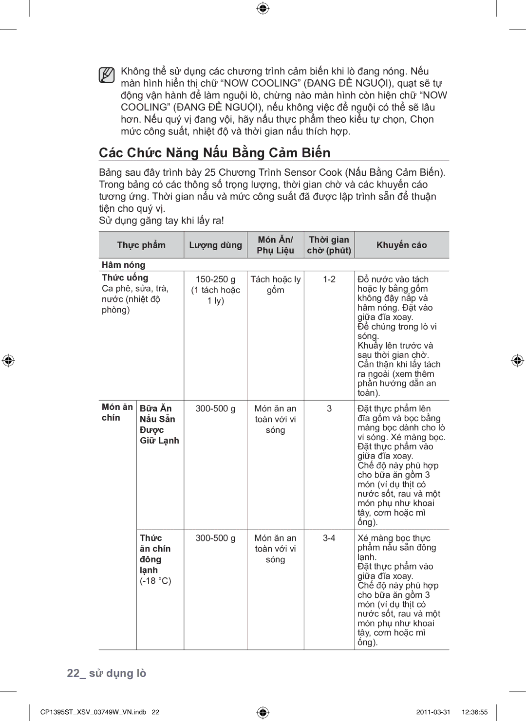 Samsung CP1395ST/XSV manual Các Chức Năng Nấu Bằng Cảm Biến, 22 sử dụng lò 