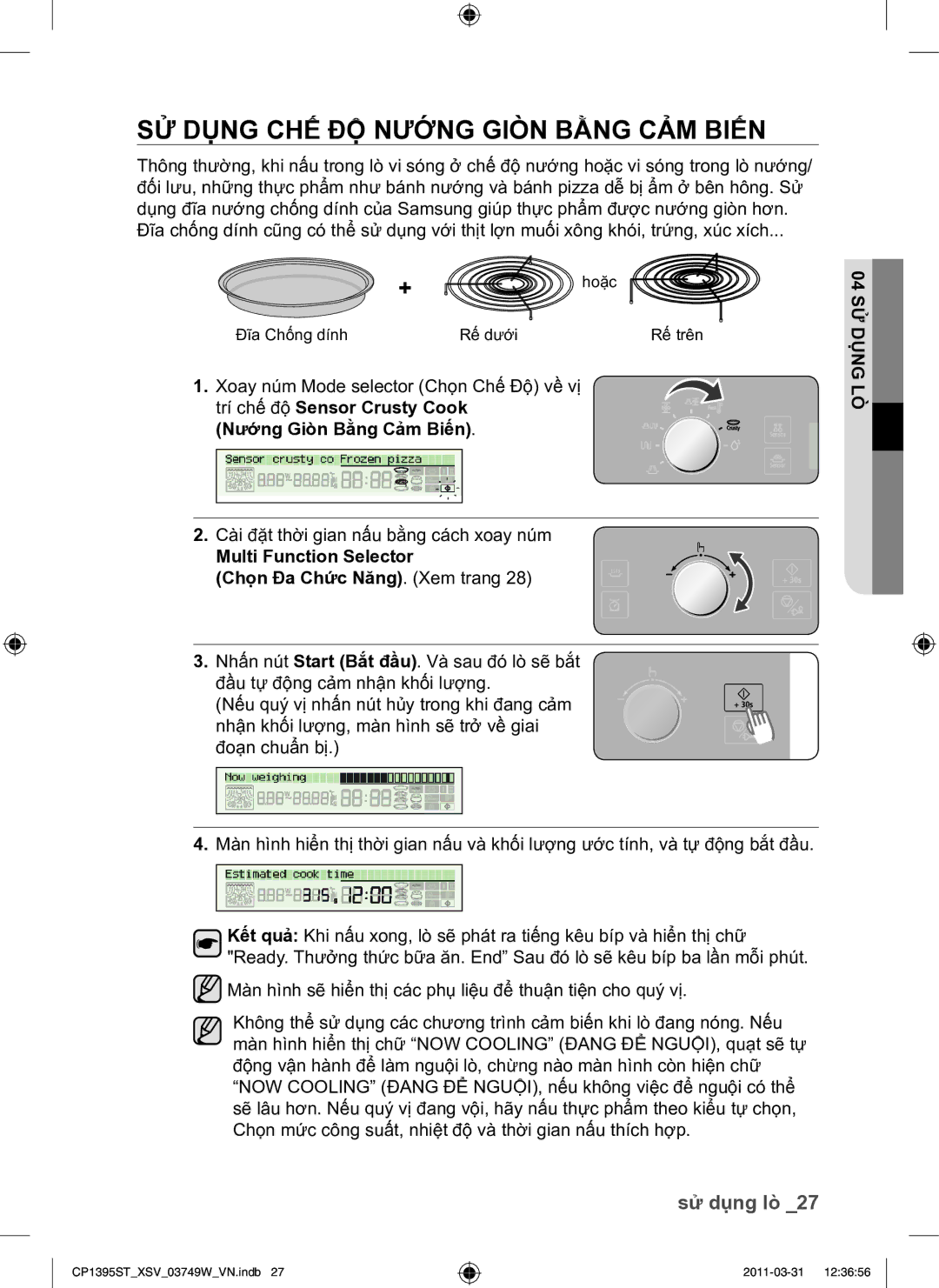 Samsung CP1395ST/XSV manual SỬ Dụng CHẾ ĐỘ Nướng Giòn Bằng CẢM Biến, Xoay núm Mode selector Chọn Chế Độ về vị 