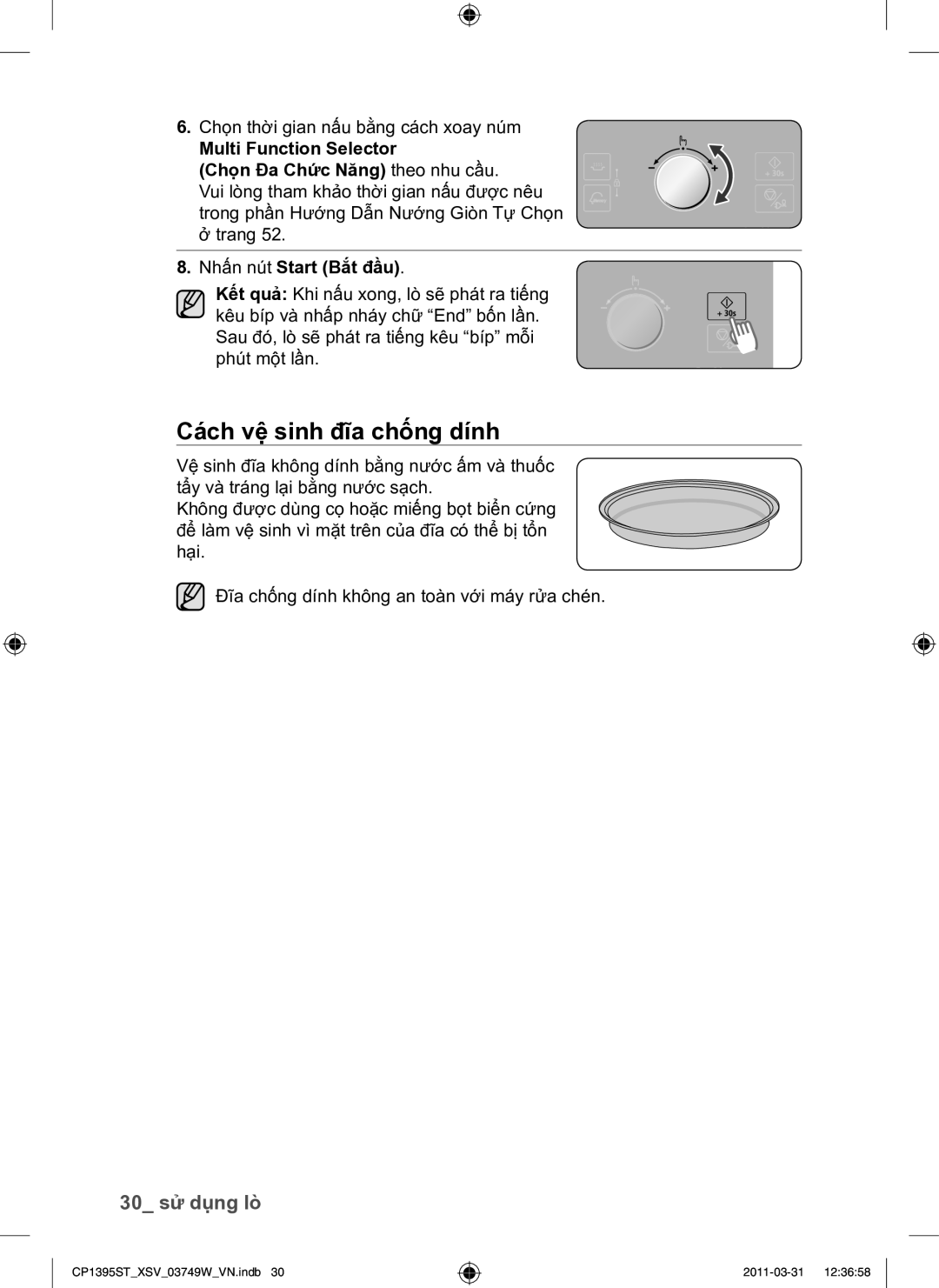 Samsung CP1395ST/XSV manual Cách vệ sinh đĩa chống dính, 30 sử dụng lò, Chọn thời gian nấu bằng cách xoay núm 