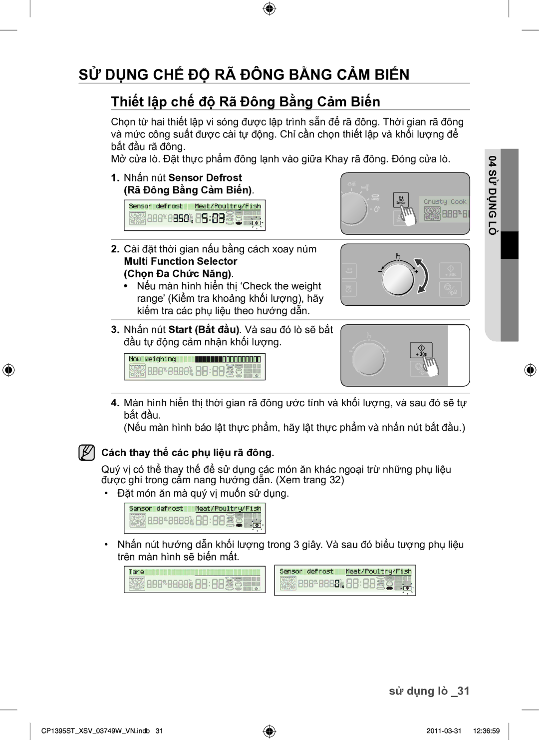 Samsung CP1395ST/XSV manual SỬ Dụng CHẾ ĐỘ RÃ Đông Bằng CẢM Biến, Thiết lập chế độ Rã Đông Bằng Cảm Biến 