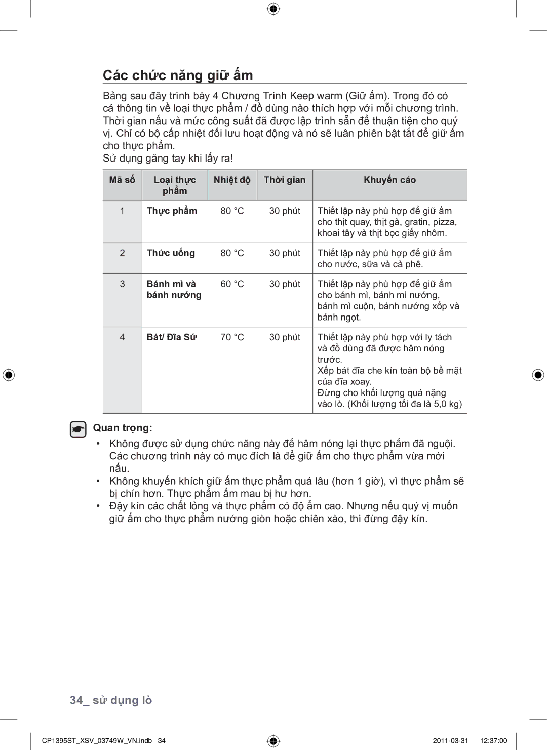 Samsung CP1395ST/XSV manual Các chức năng giữ ấm, 34 sử dụng lò, Bánh mì và, Bánh nướng, Bát/ Đĩa Sứ 