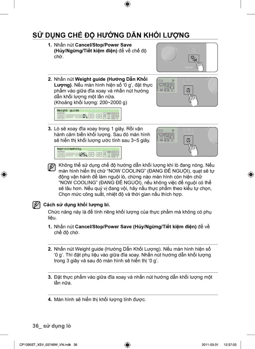 Samsung CP1395ST/XSV manual SỬ Dụng CHẾ ĐỘ Hướng DẪN Khối Lượng, 36 sử dụng lò, Chờ, Khoảng khối lượng 200~2000 g 