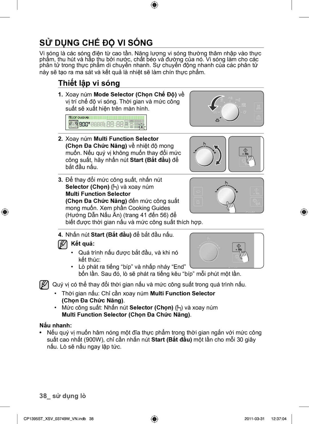 Samsung CP1395ST/XSV manual SỬ Dụng CHẾ ĐỘ VI Sóng, Thiết lập vi sóng, 38 sử dụng lò, Kết quả 