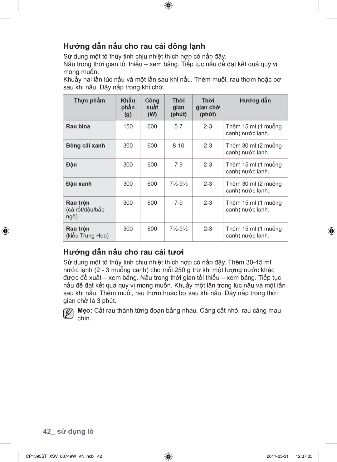 Samsung CP1395ST/XSV manual Hướng dẫn nấu cho rau cải đông lạnh, Hướng dẫn nấu cho rau cải tươi, 42 sử dụng lò 