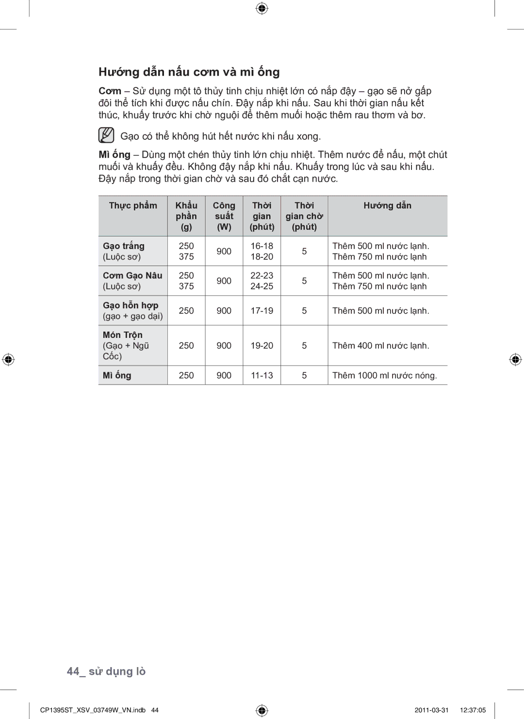 Samsung CP1395ST/XSV manual Hướng dẫn nấu cơm và mì ống, 44 sử dụng lò 