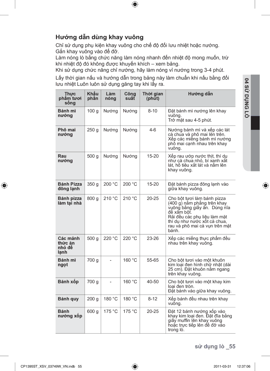 Samsung CP1395ST/XSV manual Hướng dẫn dùng khay vuông 