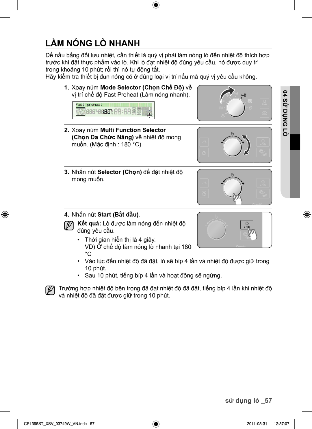 Samsung CP1395ST/XSV manual LÀM Nóng LÒ Nhanh, Nhấn nút Start Bắt đầu 