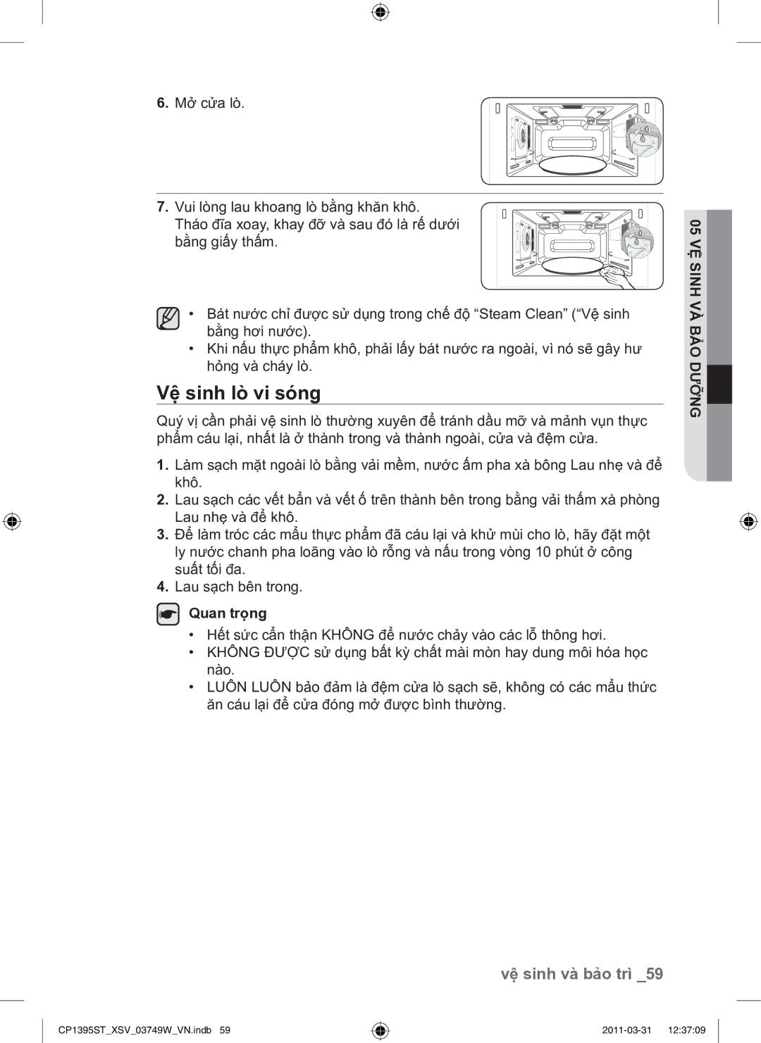 Samsung CP1395ST/XSV manual Vệ sinh lò vi sóng, Vệ sinh và bảo trì 