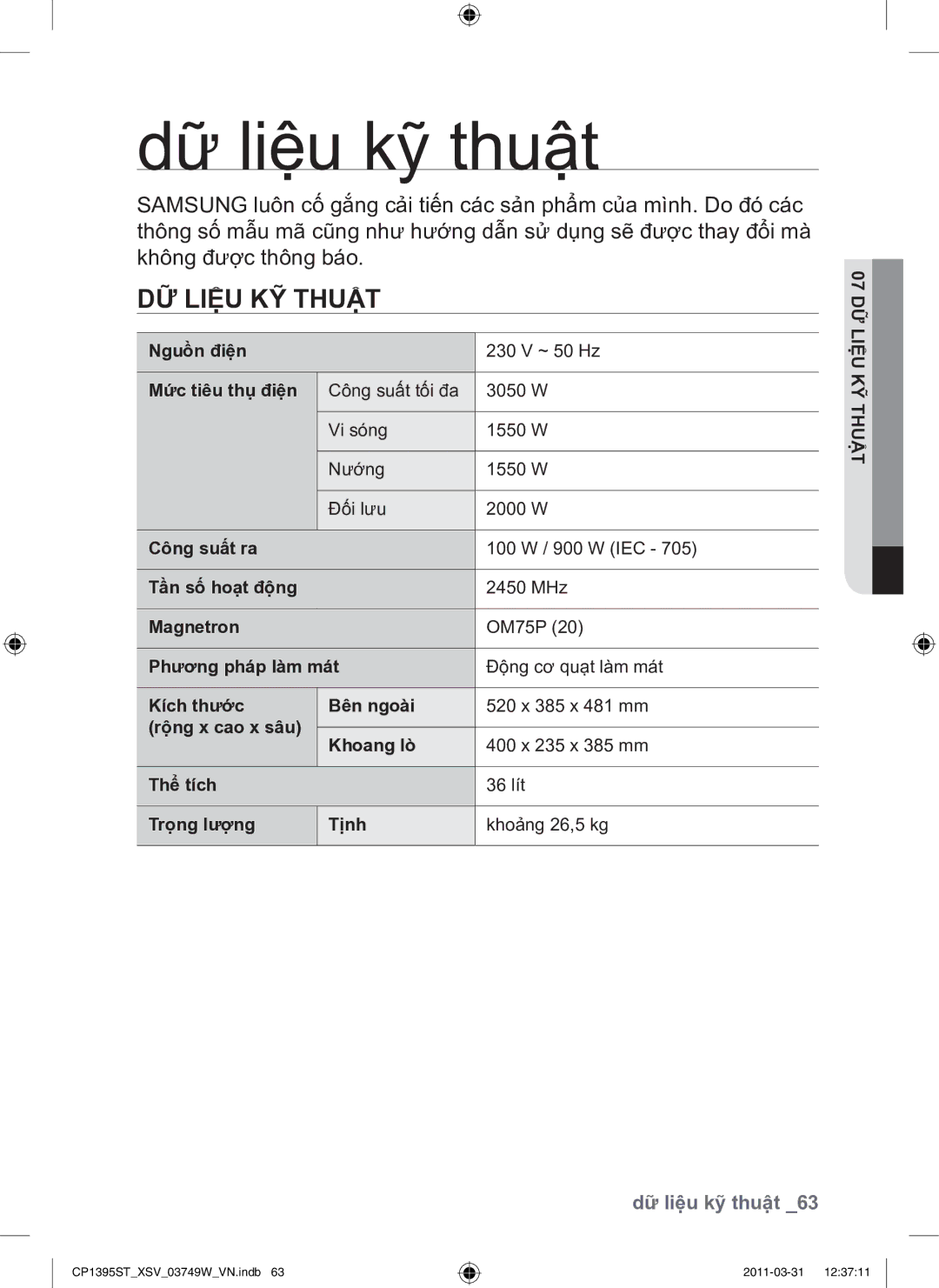 Samsung CP1395ST/XSV manual Dữ liệu kỹ thuật, DỮ Liệu KỸ Thuật 