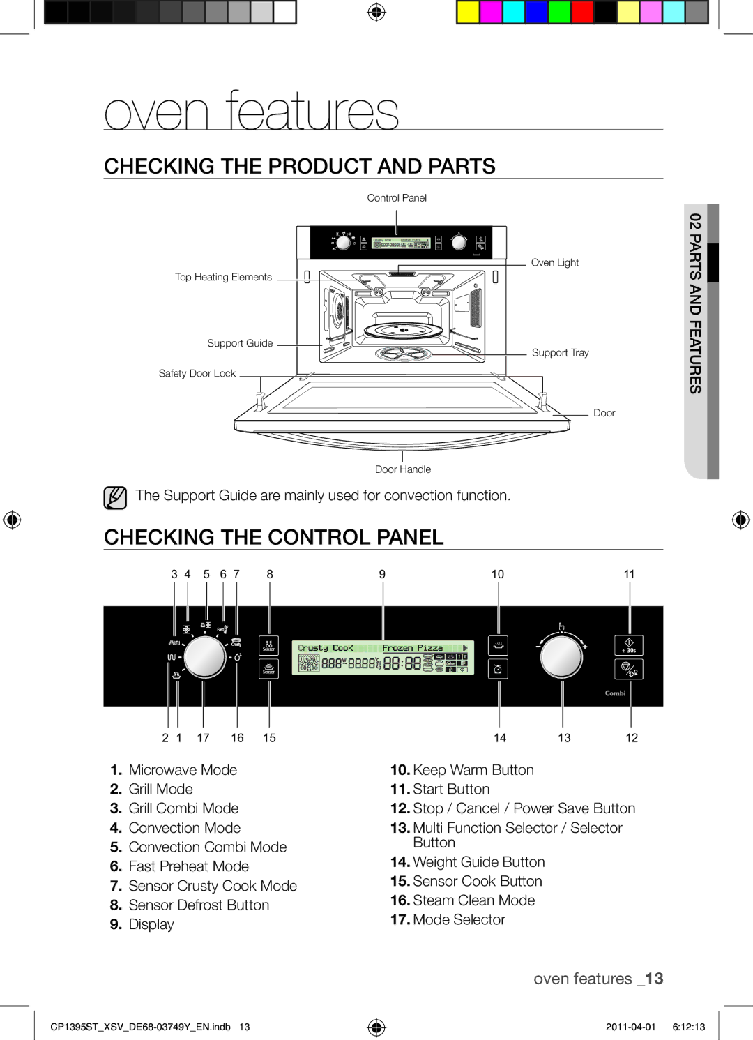 Samsung CP1395ST/XSV manual Oven features, Checking the Product and Parts, Checking the Control Panel 