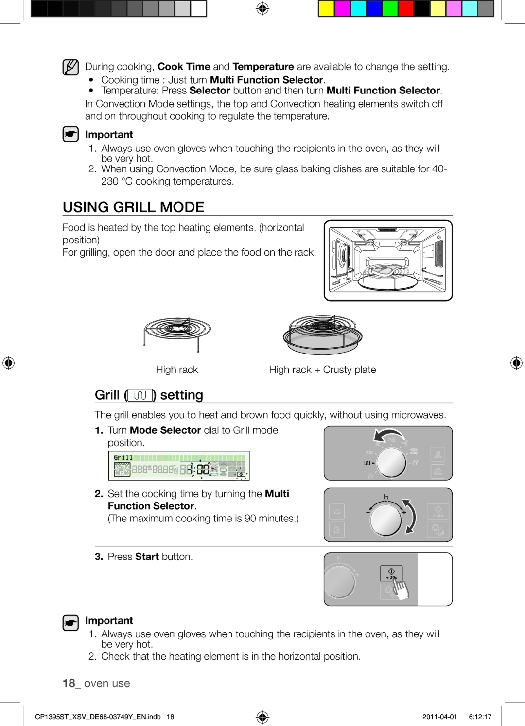 Samsung CP1395ST/XSV manual Using Grill Mode, Grill setting 