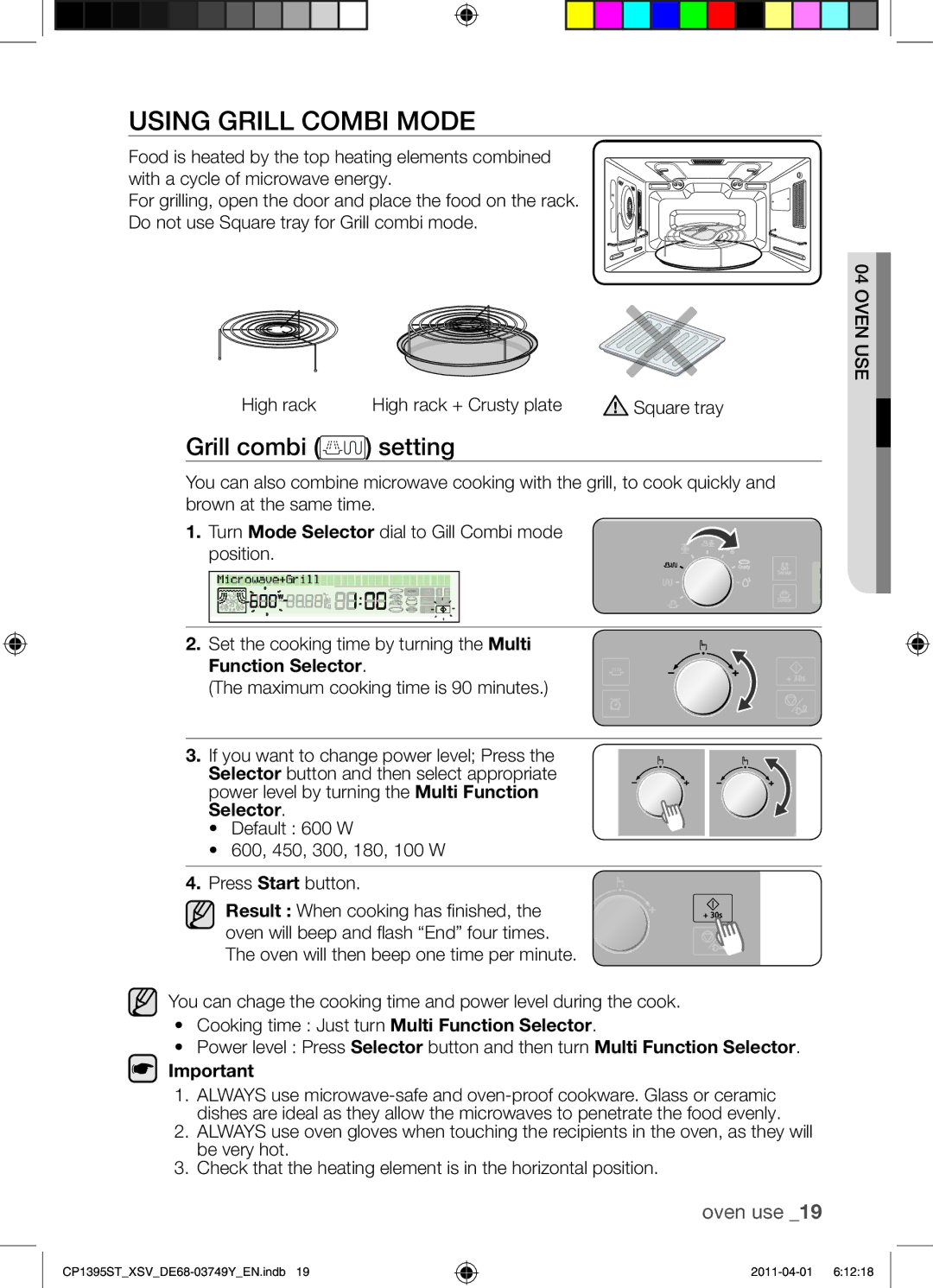 Samsung CP1395ST/XSV manual Using Grill Combi Mode, Grill combi setting 