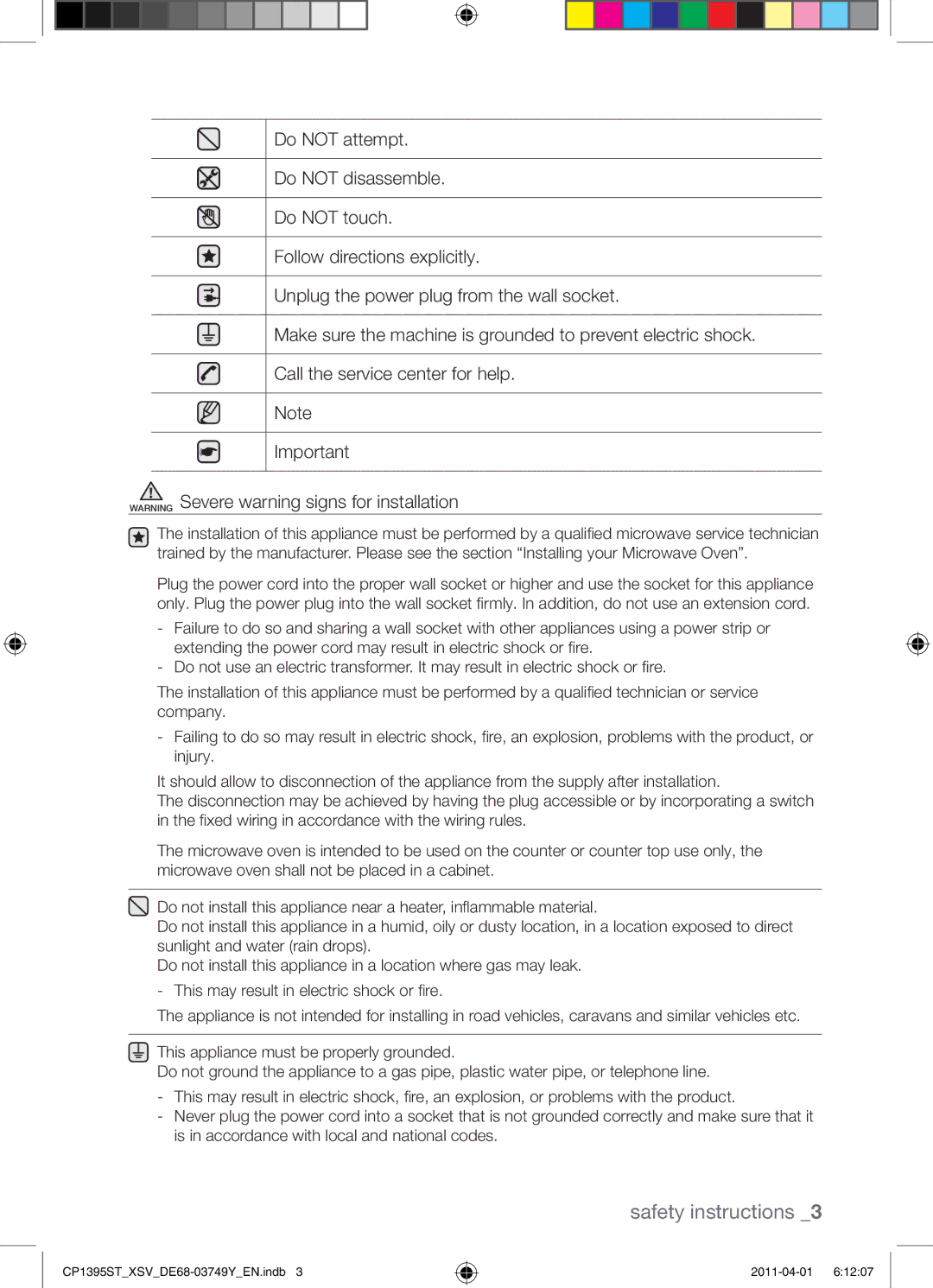 Samsung CP1395ST/XSV manual Safety instructions 