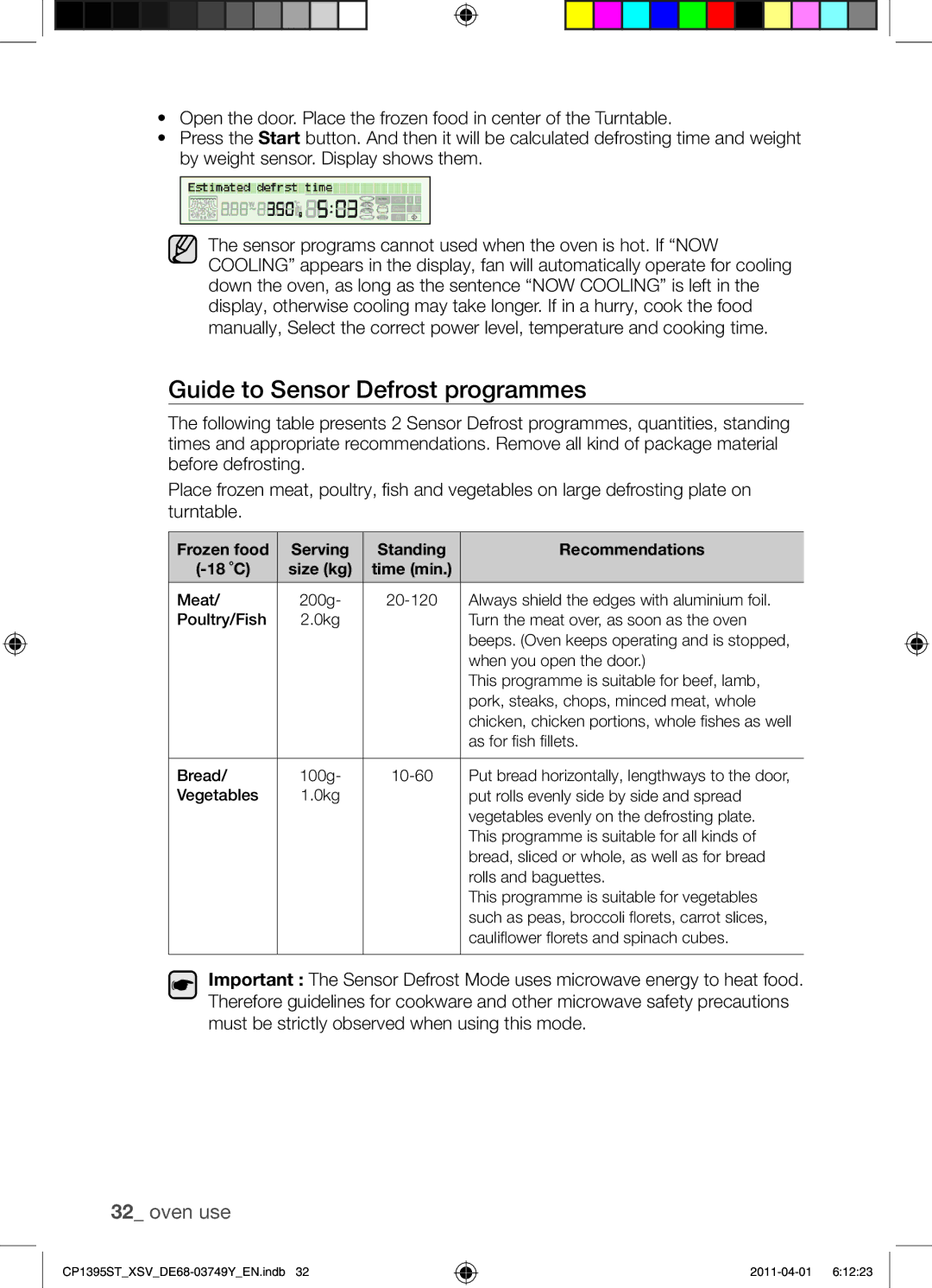 Samsung CP1395ST/XSV manual Guide to Sensor Defrost programmes, Serving Standing Recommendations 18 ˚C 